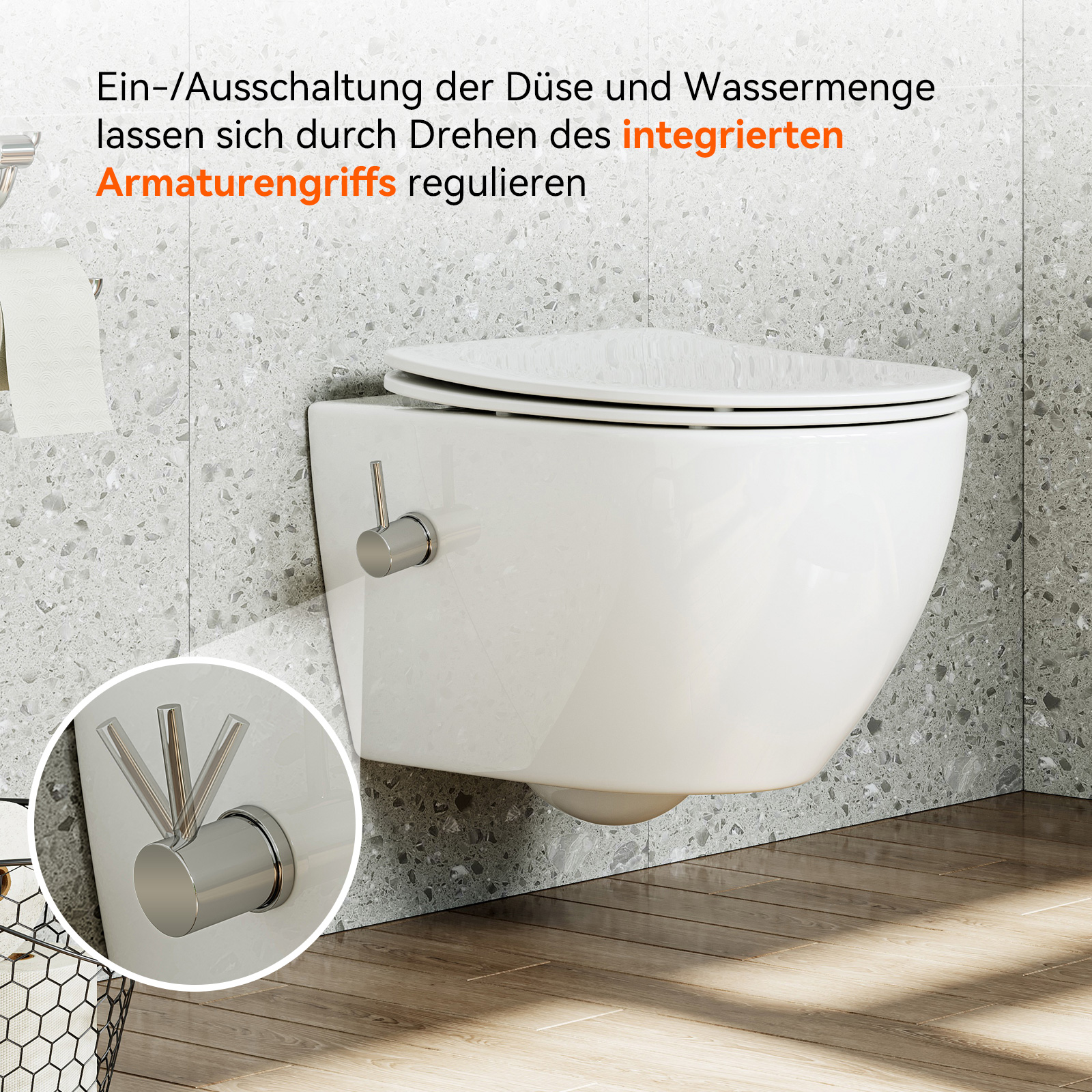 Toaleta prysznicowa z wbudowaną dyszą, podwieszana toaleta z funkcją spłukiwania, toaleta prysznicowa z powłoką nano, 53x36x35 cm HOROW - 9