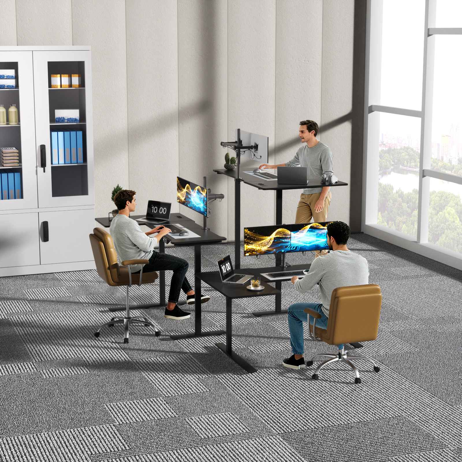 Bureau debout en L avec prises, bureau d’angle électrique réglable en hauteur avec support écran, bureau ergonomique maison pour travail et gaming - 3