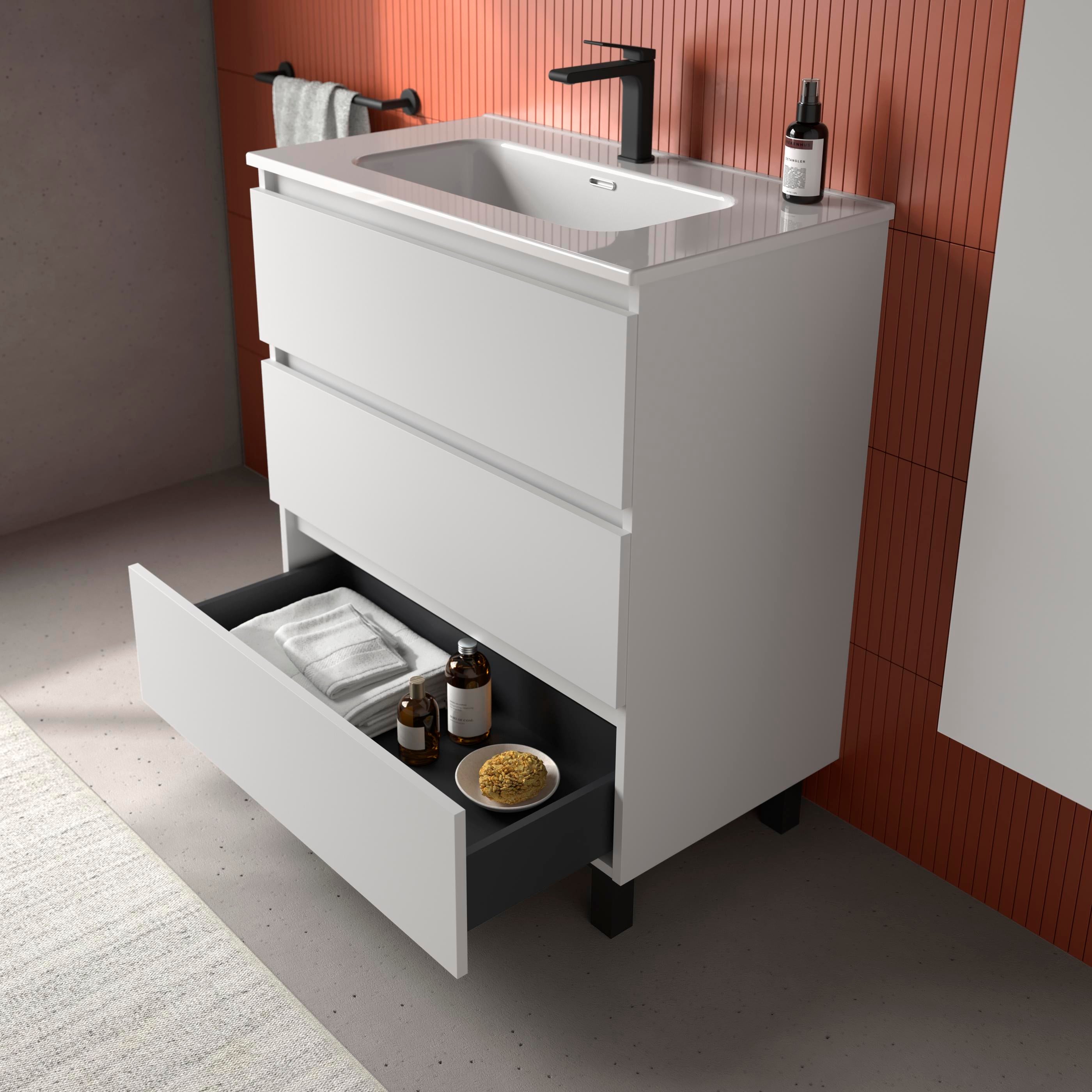 Meuble de salle de bain BEQUIA 3C 100cm Blanc mat | Vasque Porcelaine Centrale - 2