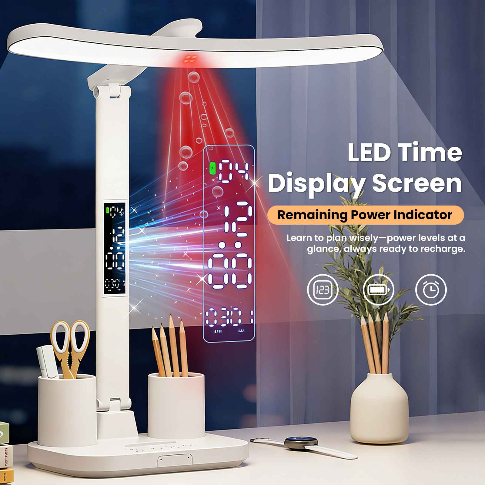 Lampe de bureau LED 53 cm avec écran numérique et porte-stylos, lampe de table réglable pour bureau et étude - 5