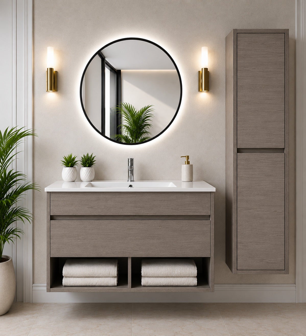Mobilier de baie suspendat cu lavoar ORIGENBATH NEBARI cu sertar cu coloană 90x45 cm stejar smoky cu coloană