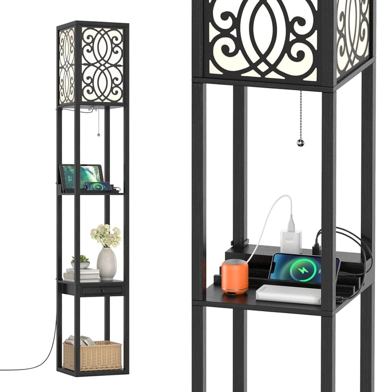 Lampa Stojąca z 3 Poziomami, Prostokątna Lampa Stołowa z Gniazdami E27, Regały i Mała Szuflada do Przechowywania, Odpowiednia do Salonu