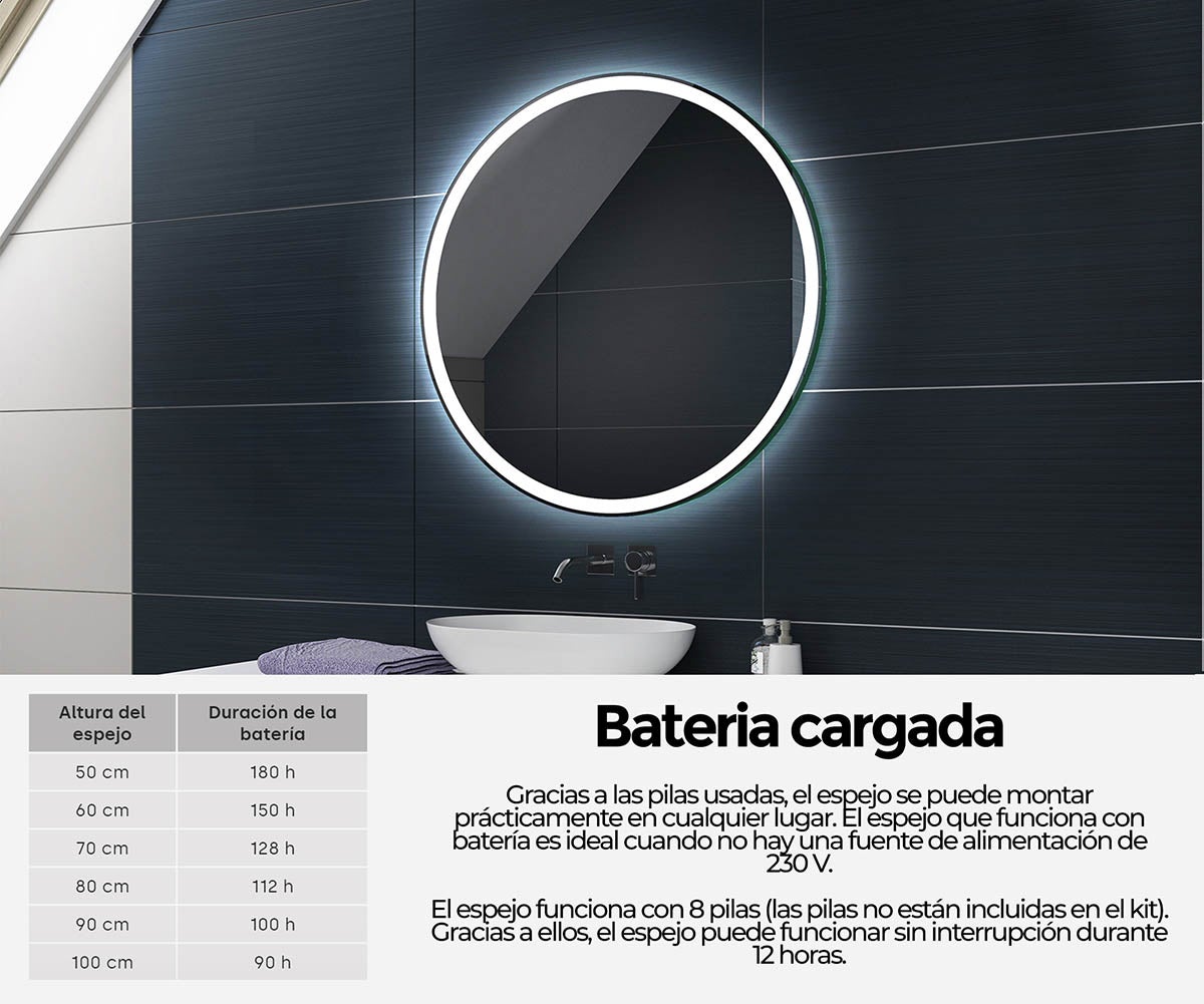 Miroir Rond de Salle de Bain LED - 50x50cm - Sans Fil (Éclairage à Batterie) - Blanc Froid 7000K - 7