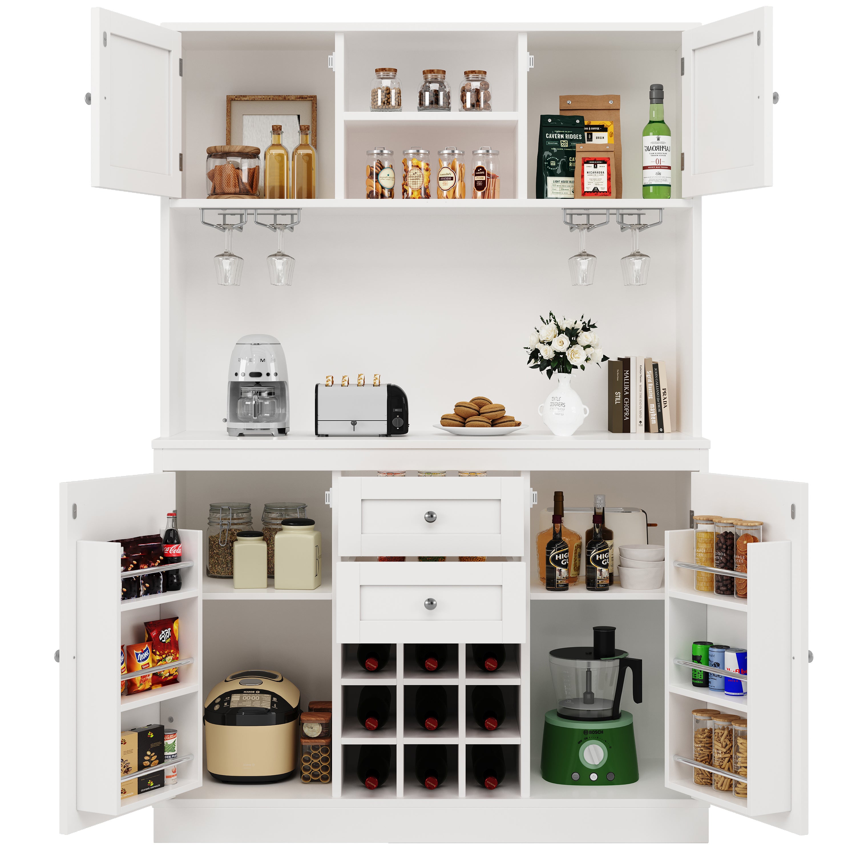 Wysoka komoda kuchenna z 4 drzwiami, 2 szufladami i regałem na wino - Regulowane półki - 106 x 40 x 179,5 cm - Płyta MDF - Biała - 4