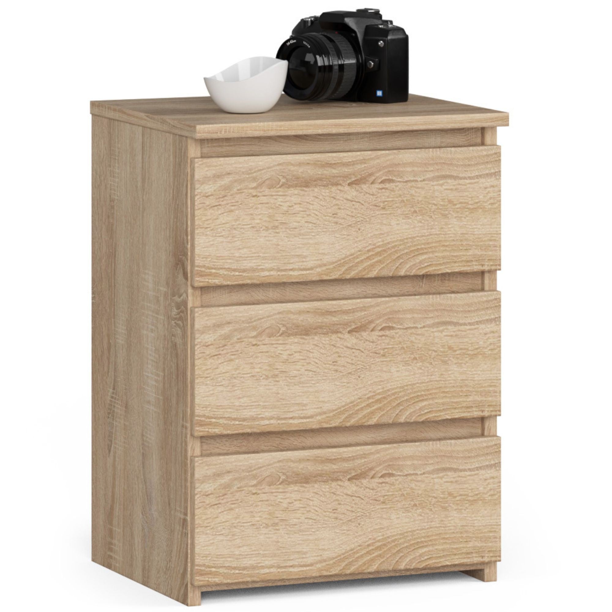 Stolik nocny: 3 szuflady, dąb Sonoma, szer.: 40 cm, wys.: 57 cm, gł.: 35 cm.