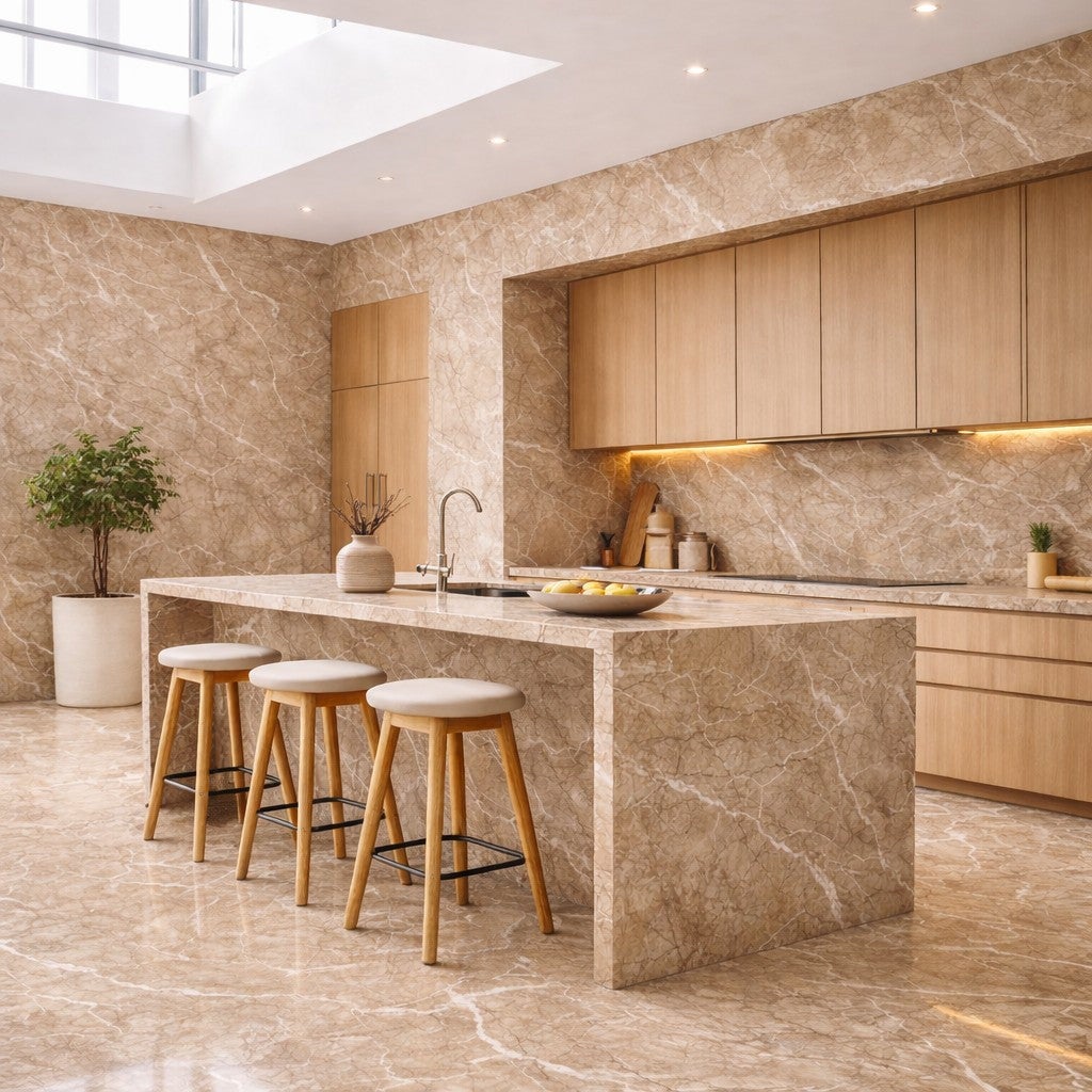 Kit 6 painéis decorativos em porcelanato efeito mármore bege, 4,3 m², revestimento de parede em PVC com proteção UV, formato 120x60 cm - 3