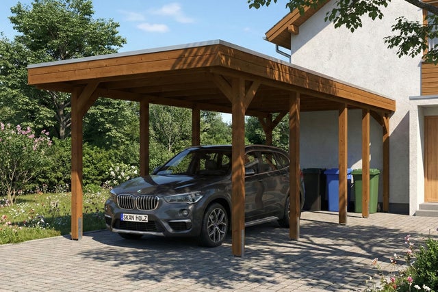 Carport SKAN HOLZ Friesland 320 x 708 cm, avec panneaux de toit en acier, noyer