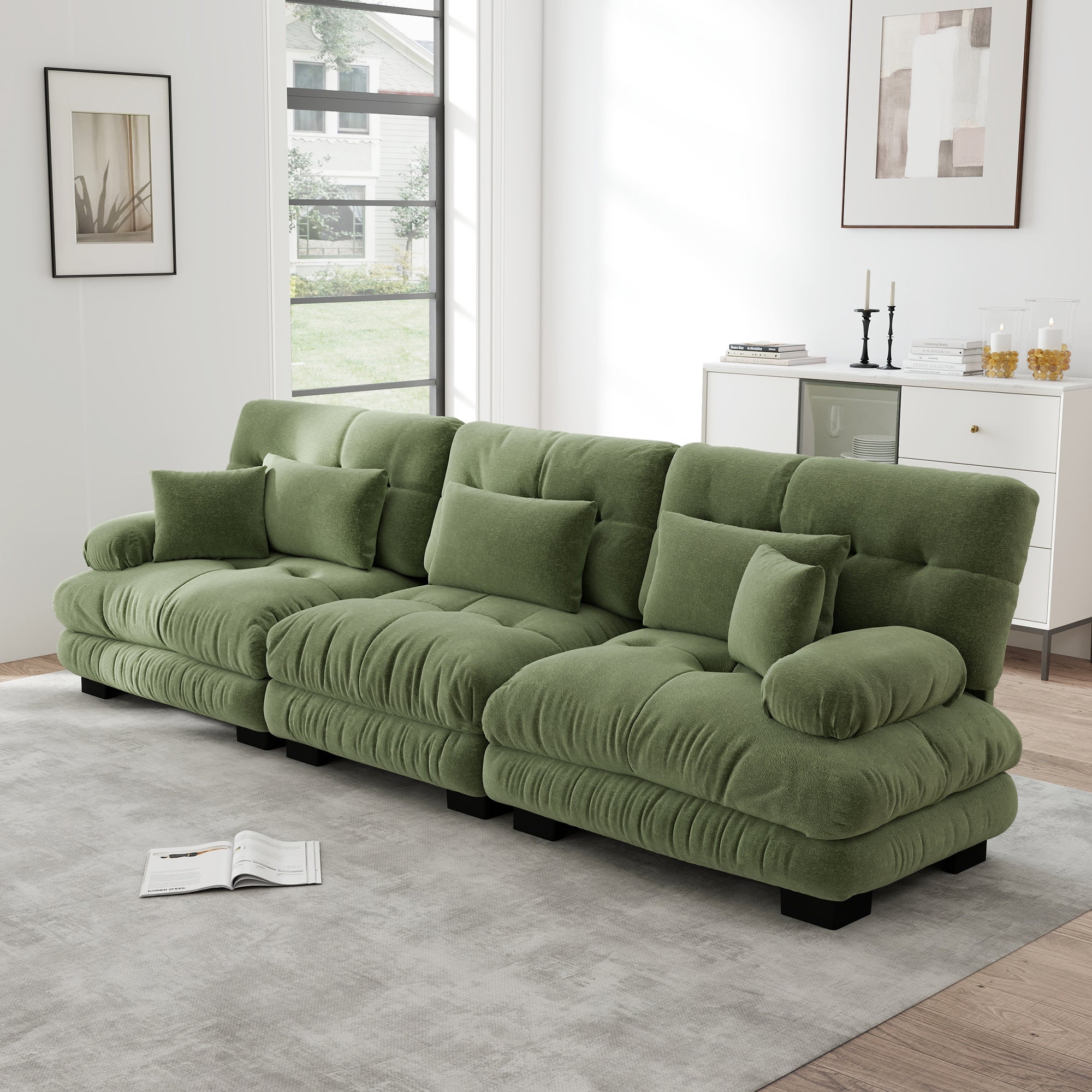 Canapé 3 places moderne,Canapé à assise profonde du salon,avec oreillers lombaires et coussins,Canapé d'angle modulable,Tissu chenille,Vert - 2