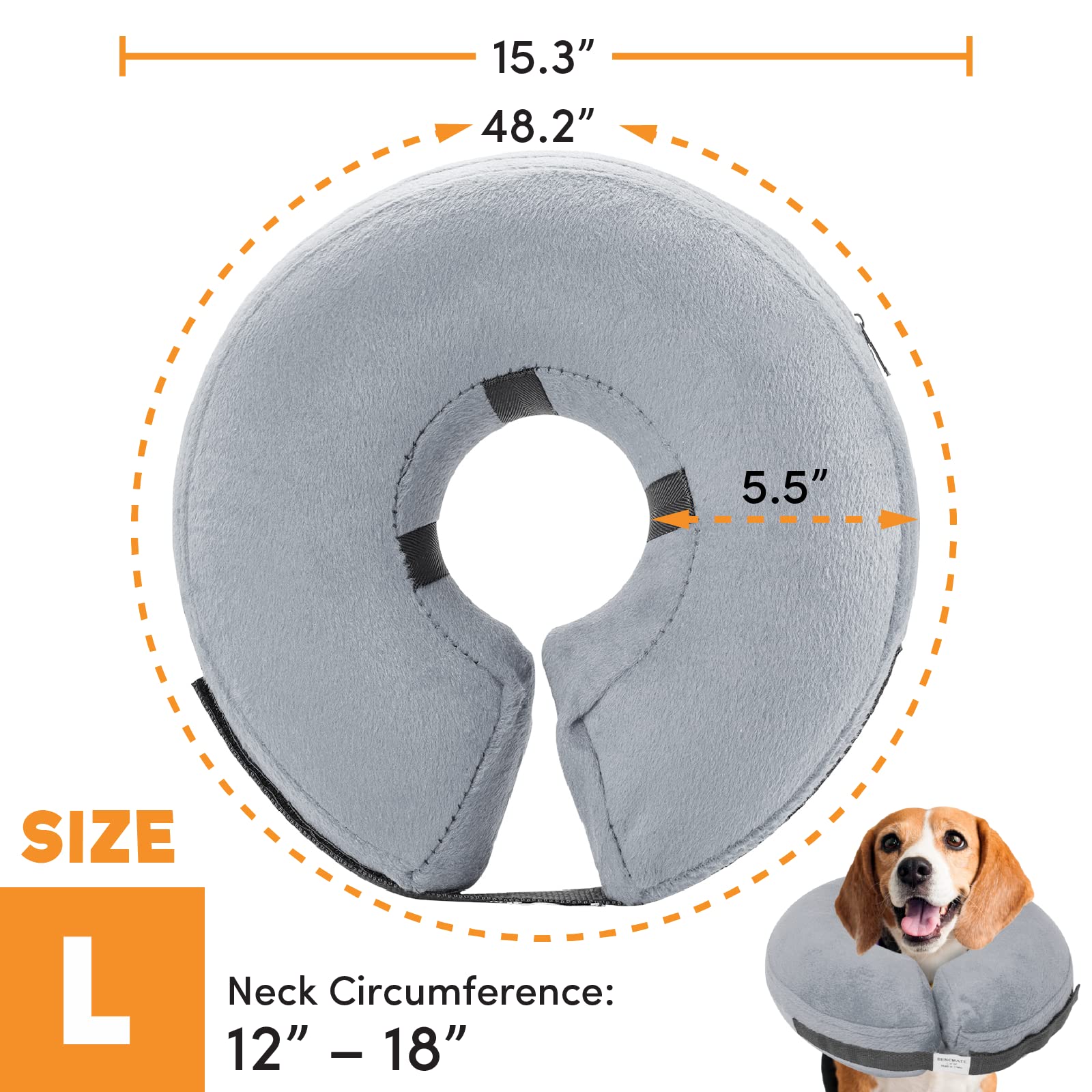 BENCMATE Collier gonflable de protection pour chiens et chats - récupération d'animaux de compagnie, doux, ne bloque pas la vision, E-collar (L, Gris) - 2