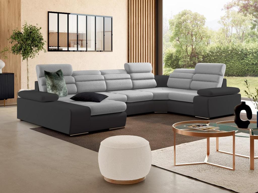 Divano letto angolare panoramico in tessuto e similpelle Bicolore