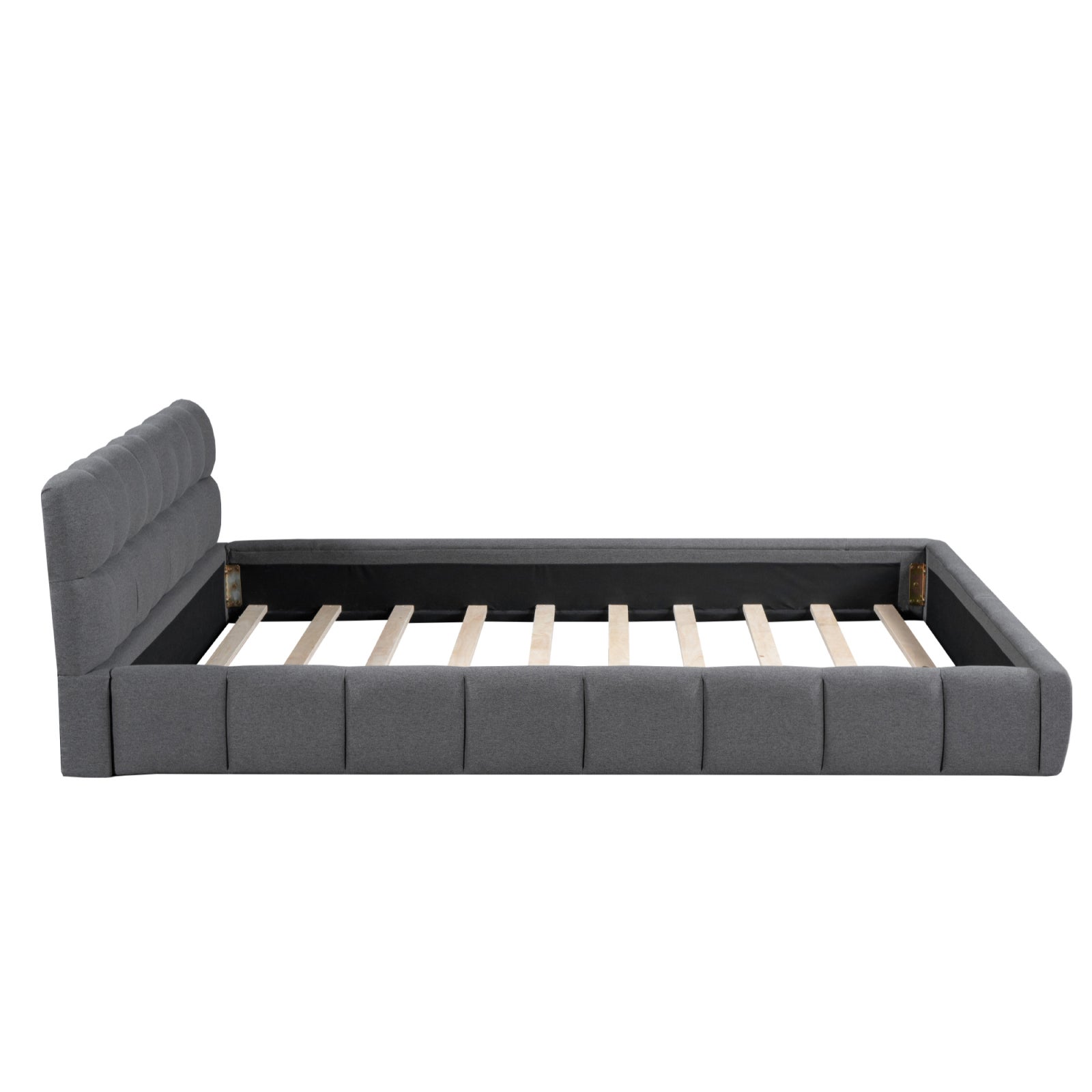 Lit adulte 140x190cm en lin avec dossier moelleux, Lit plat avec sommier à lattes, gris - 5