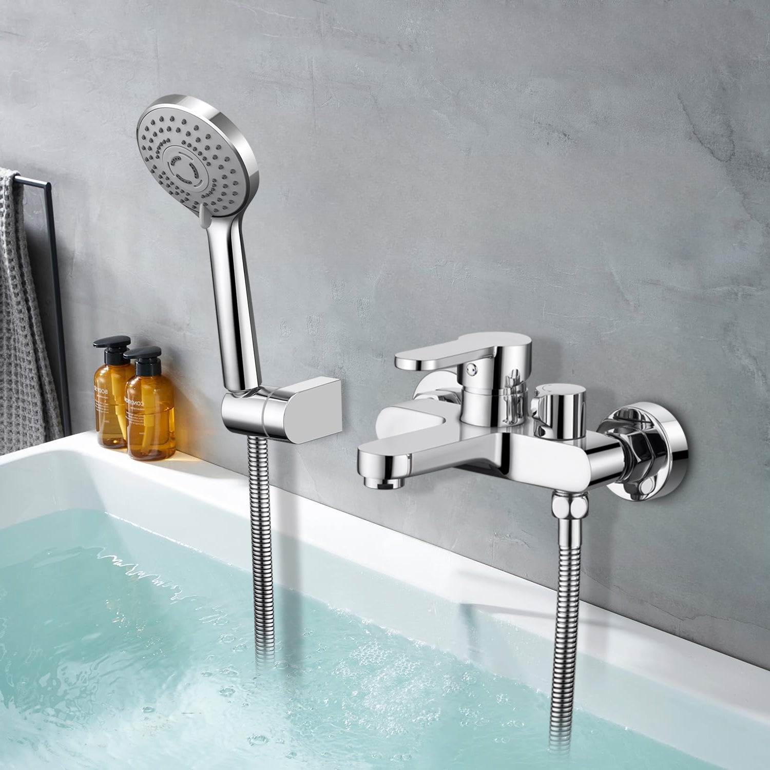 LOVHAUS Bateria wannowa z 3-funkcyjną ręczną słuchawką prysznicową, jednouchwytowa bateria wannowa z wężem i uchwytem ściennym