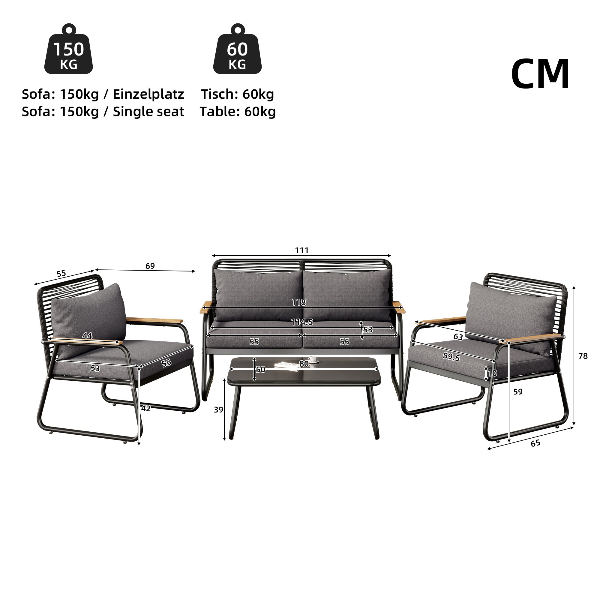 Salon de jardin, ensemble table et canapé pour 4 personnes avec structure en fer galvanisé,y compris tous les coussins d'assise et de dossier,noir - 5