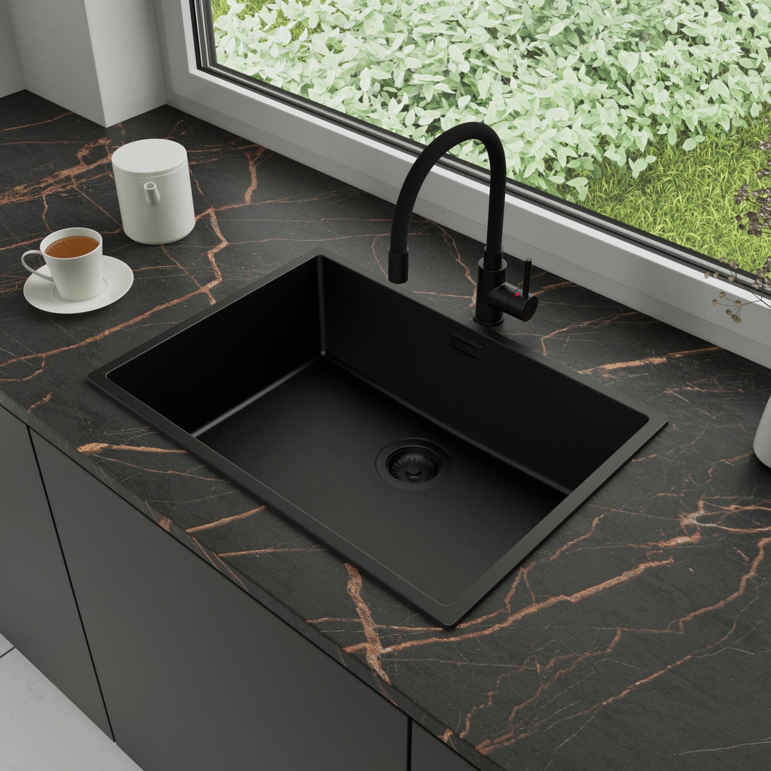 Zlewozmywak Granitowy 66x47cm, do szafki od 70cm + Bateria + Syfon - Agate Cały Czarny STONESTYLE