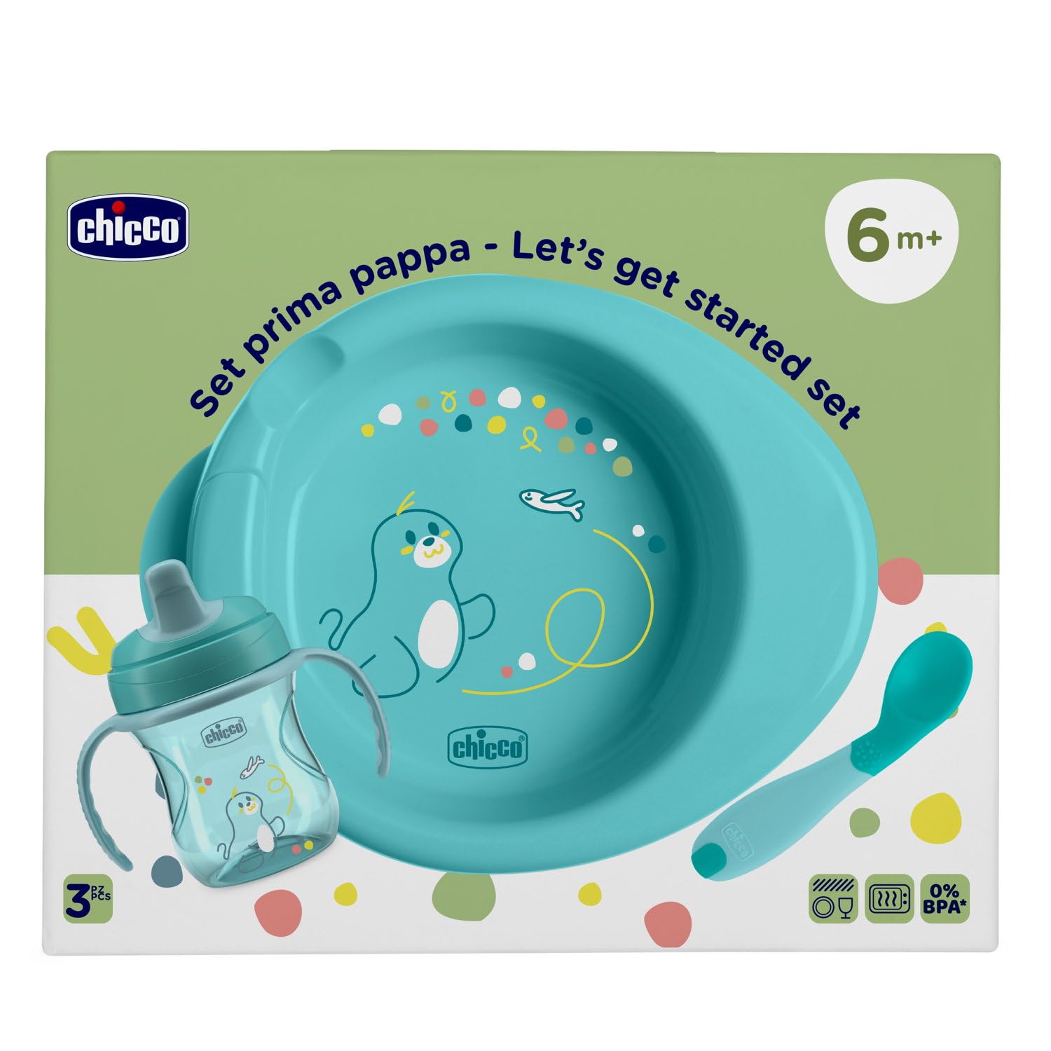 Versión en español — coffret repas composé de tasse training cup, première cuillère, plat hot brew, âge 6 mois +, 0% bpa, bleu clair
