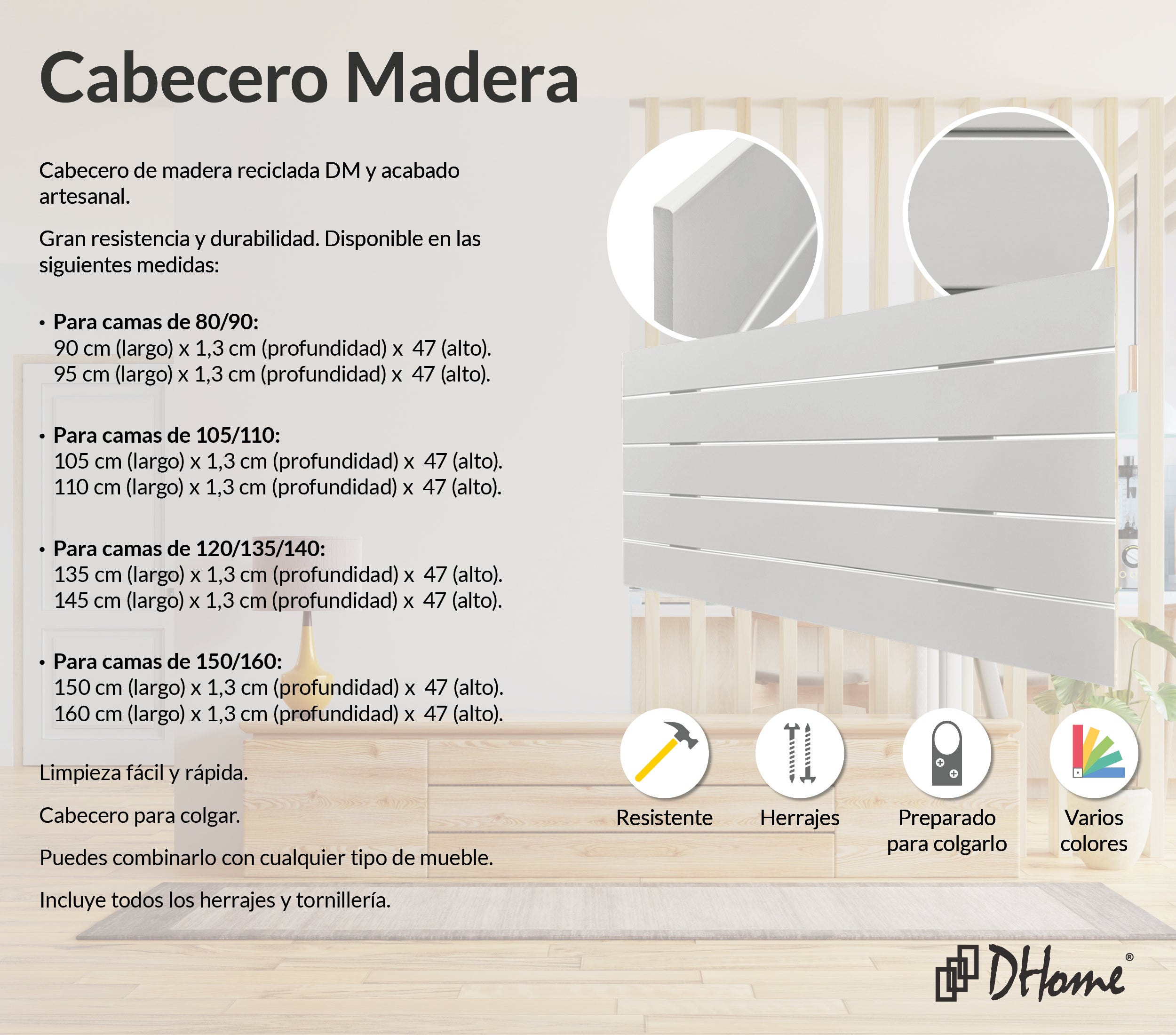DHOME Cabecero de Madera reciclada DM Estilo Palet Horizontal 95x46cm Camas 90 - Blanco Sólido - 2