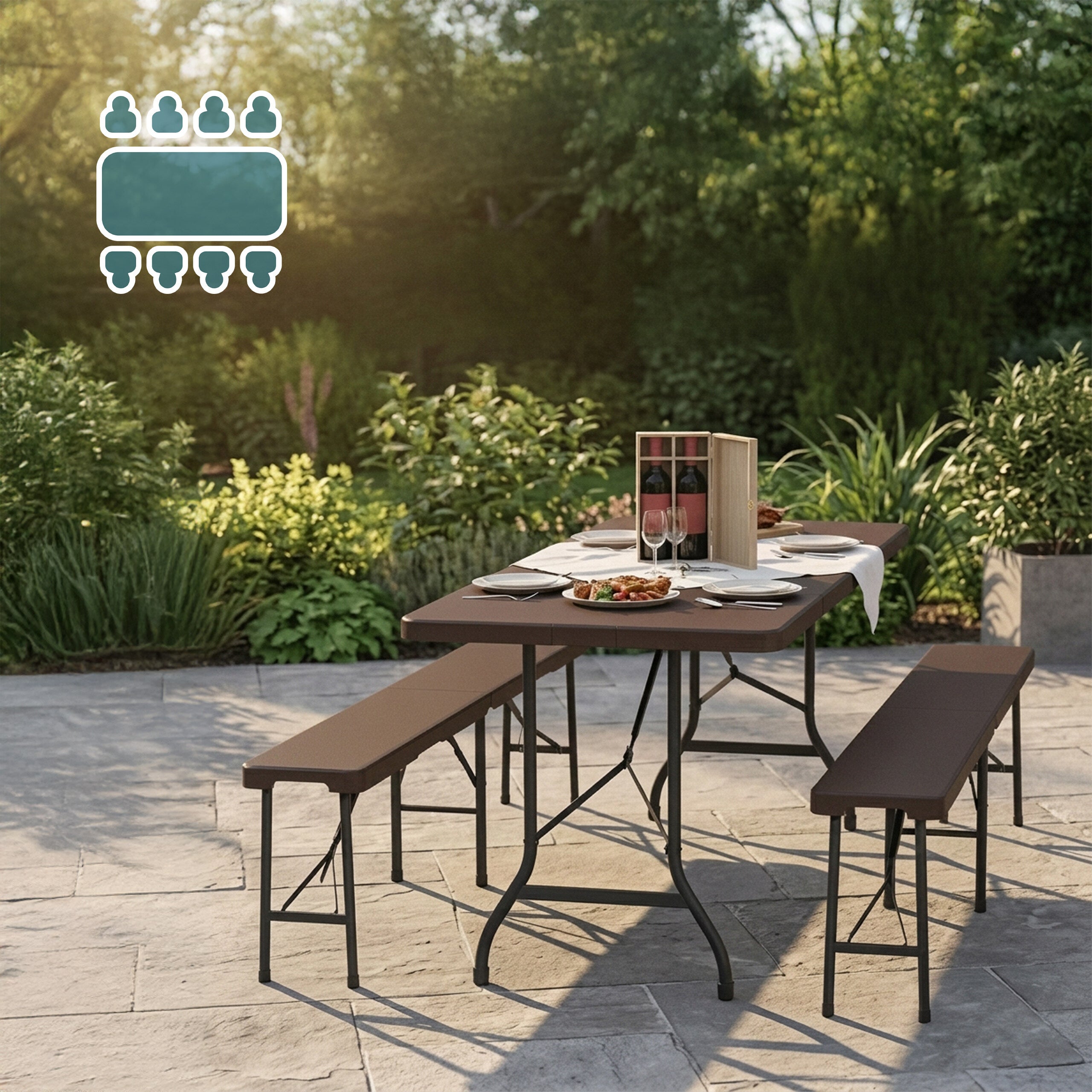 Conjunto de cervejaria dobrável, 3 peças, mesa de 180 cm e 2 bancos, PE e aço, para jardim, castanho, Relaxdays - 2