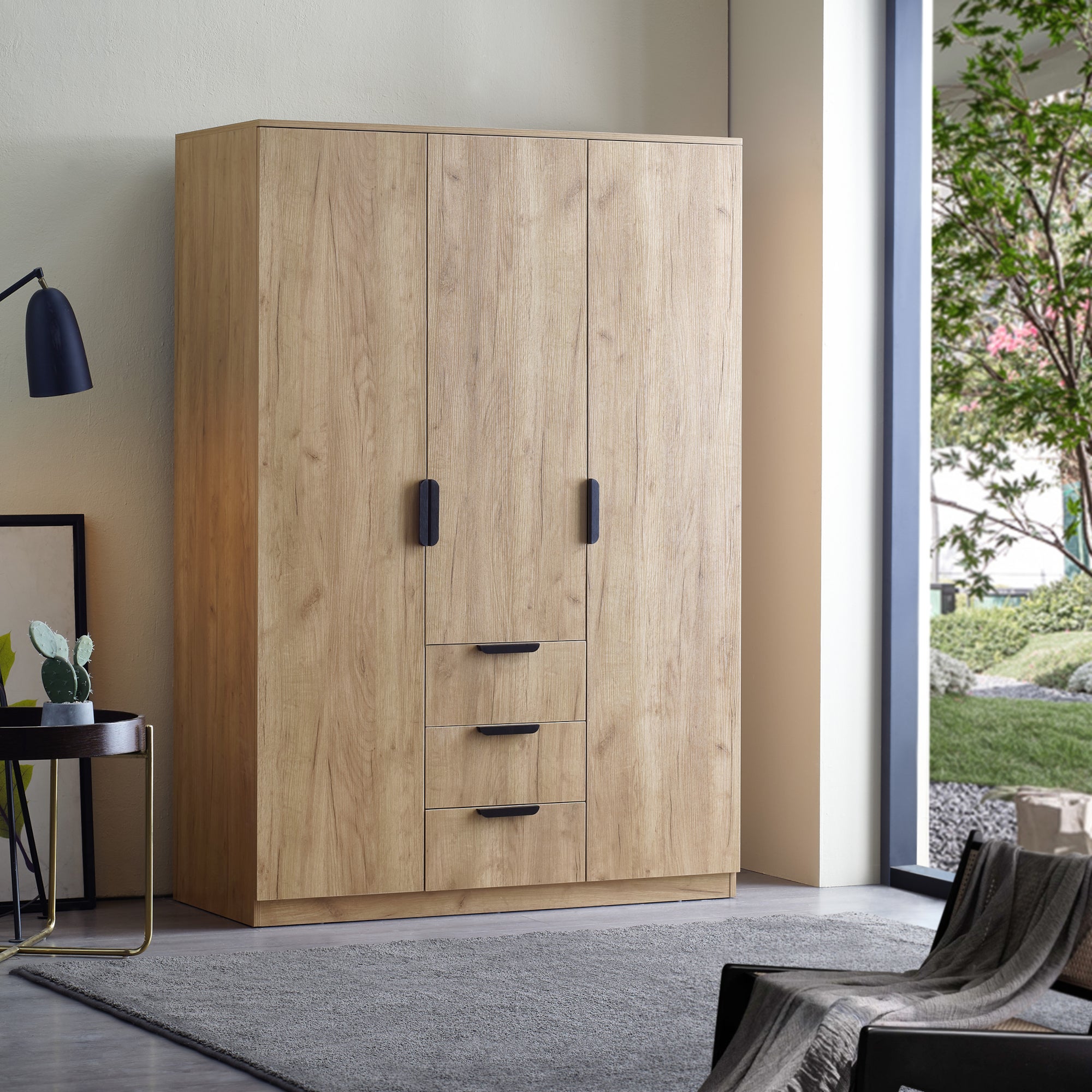 Armadio per Guardaroba Camera da Letto Armadio Chiuso con Ante 4 Scomparti 2 Aste Appendiabiti 3 Cassetti 176x120x52 cm MDF Effetto Rovere [en.casa] - 2
