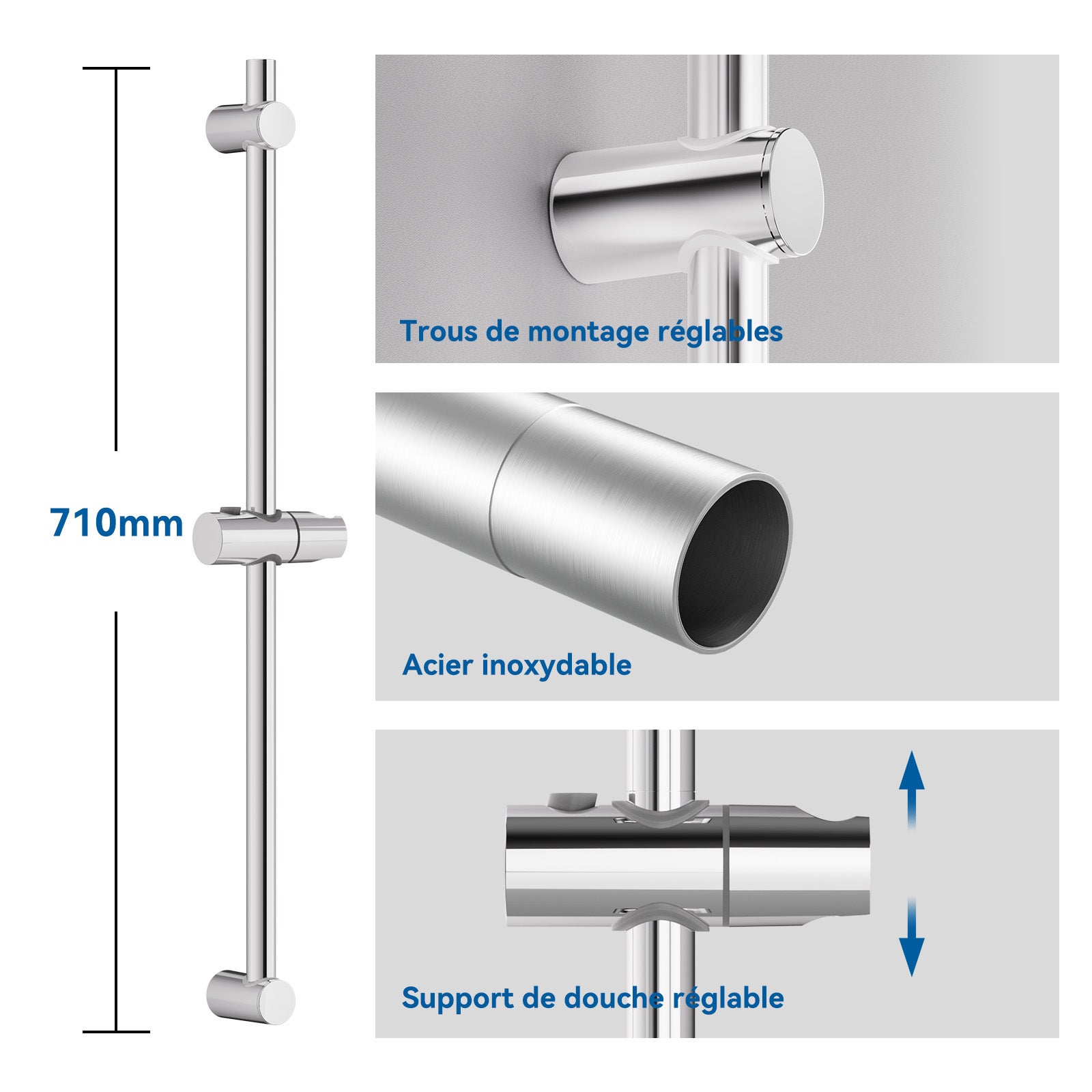 Barre de Douche Réglable,Barre Douch Acier Inoxydable 57cm Avec Support Réglable en Hauteur et en Angle,Chromé,71cm de Hauteur Totale - 5