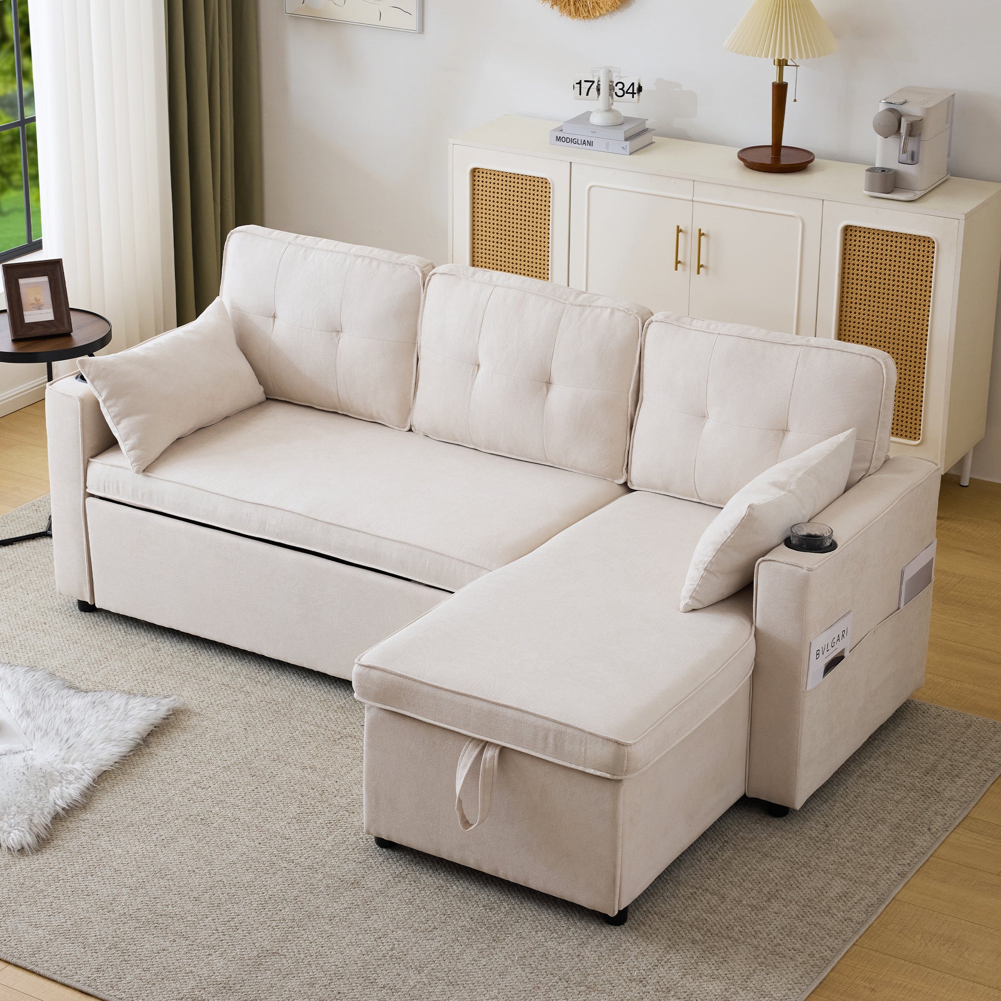 Divano angolare trasformabile a 3 posti con contenitore e portabicchieri - Funzione sleep - Cotone e lino - Beige - 3