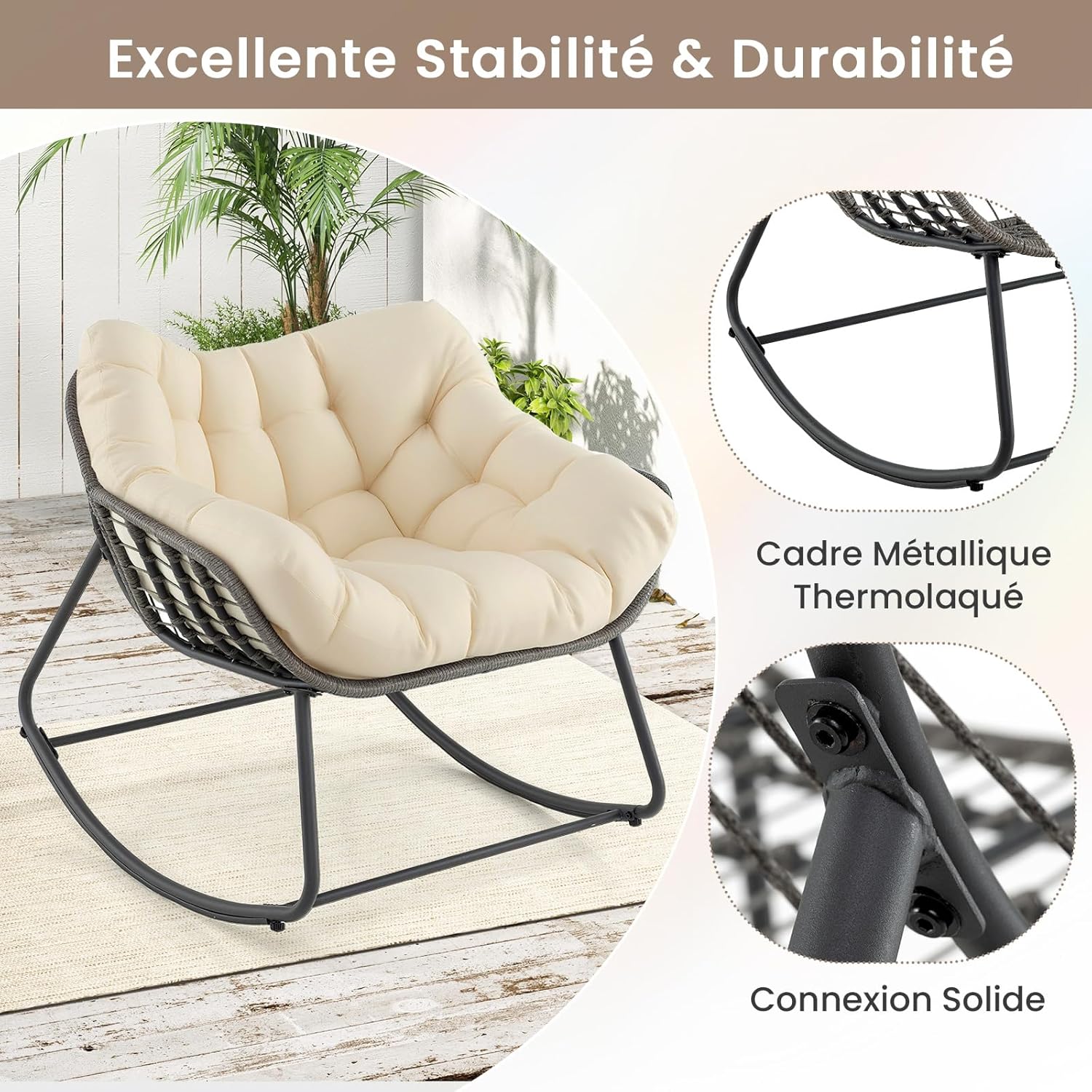 Fauteuil à Bascule d'Extérieur, Fauteuil Œuf Surdimensionné en Osier PE avec Coussin Épais Amovible, 98 x 98 x 87 cm, Charge 150 kg, Beige - 7