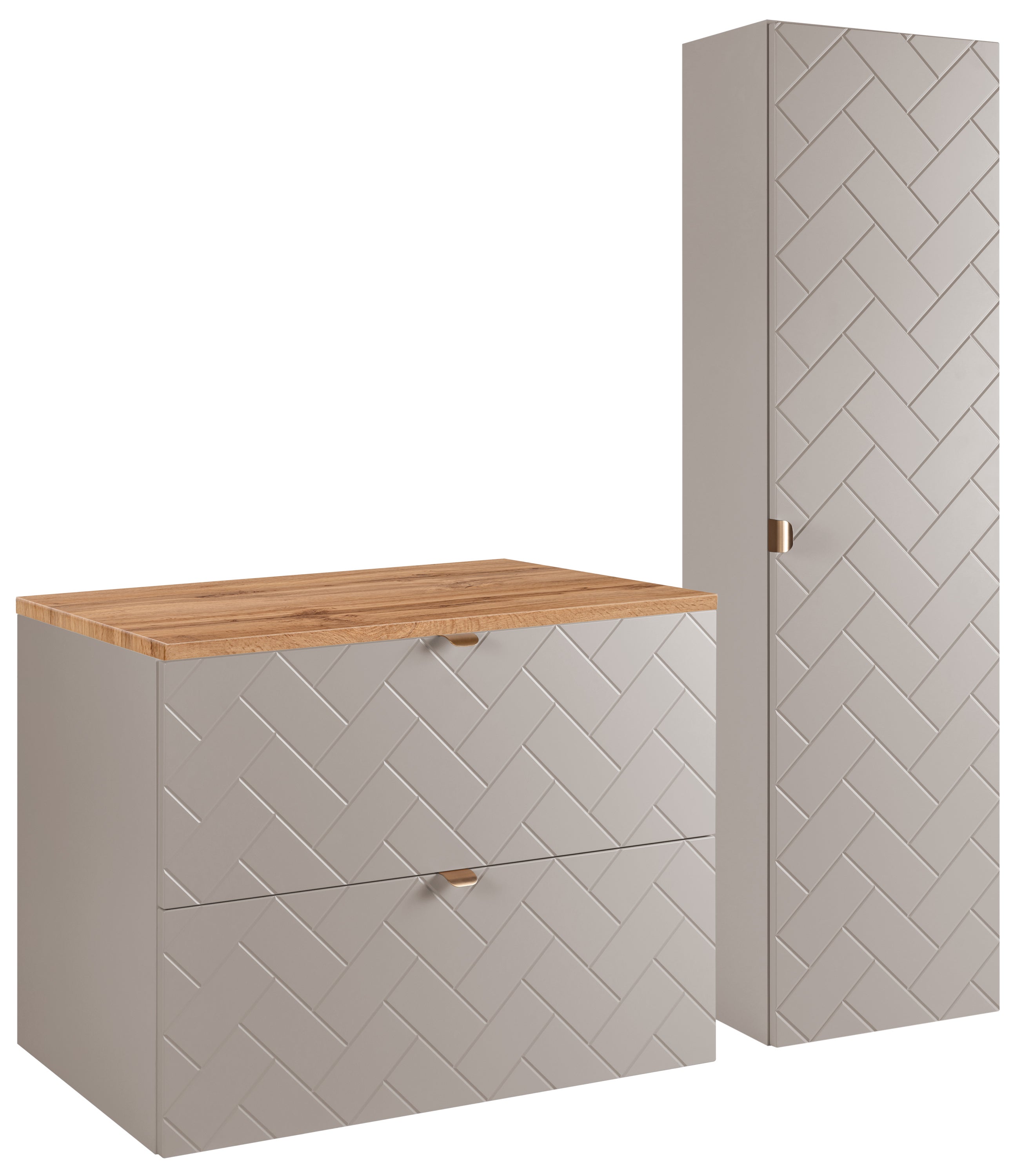 Kaszmirowy zestaw mebli łazienkowych MADIS szafka 80 cm z blatem dąb wotan i słupkiem ryflowanym