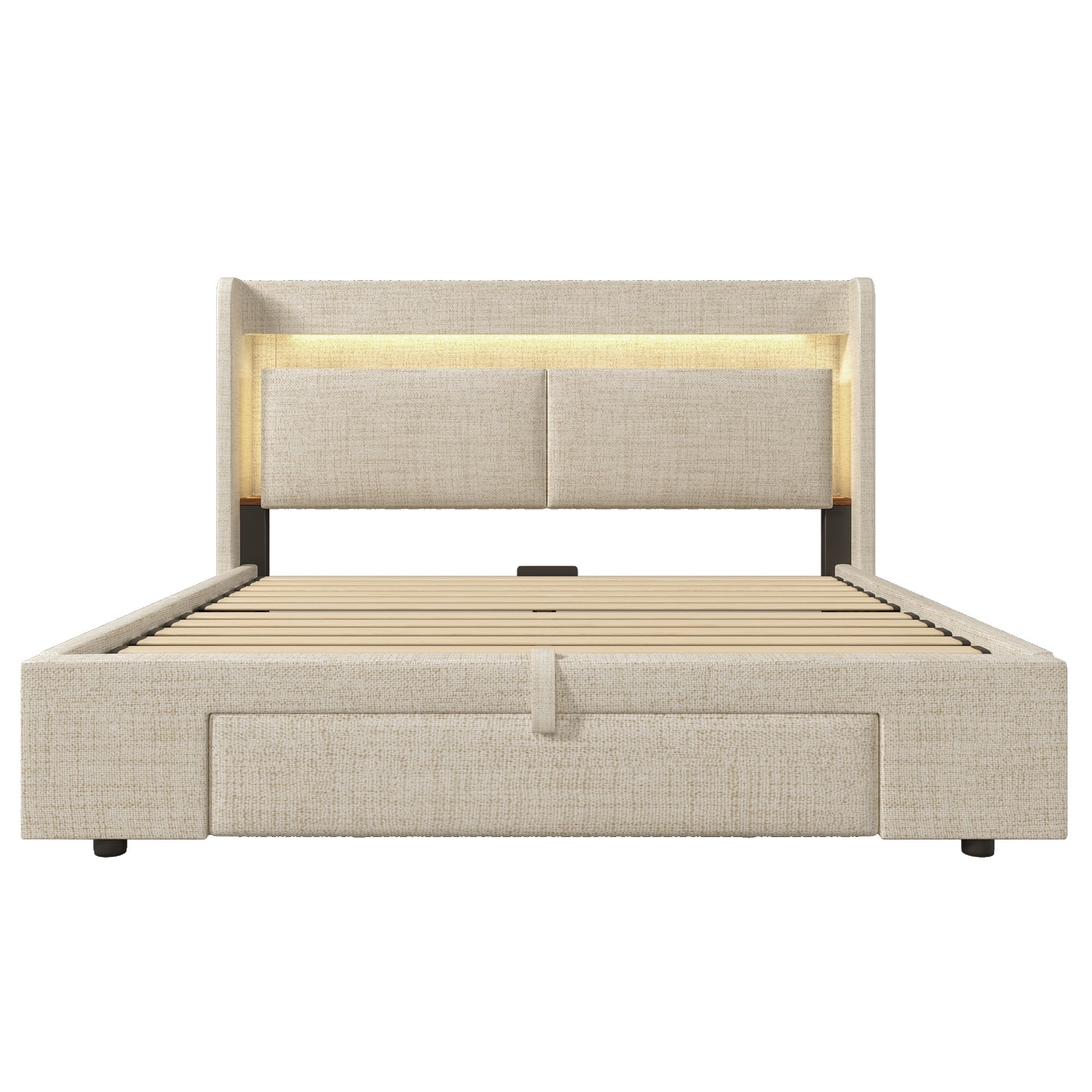 Cama 160x200 cm con contenedor hidráulico y cajon,cabecero con luz LED + USB + Type-C, camas matrimoniales con somier de láminas,tejido de Lino+Beige - 9