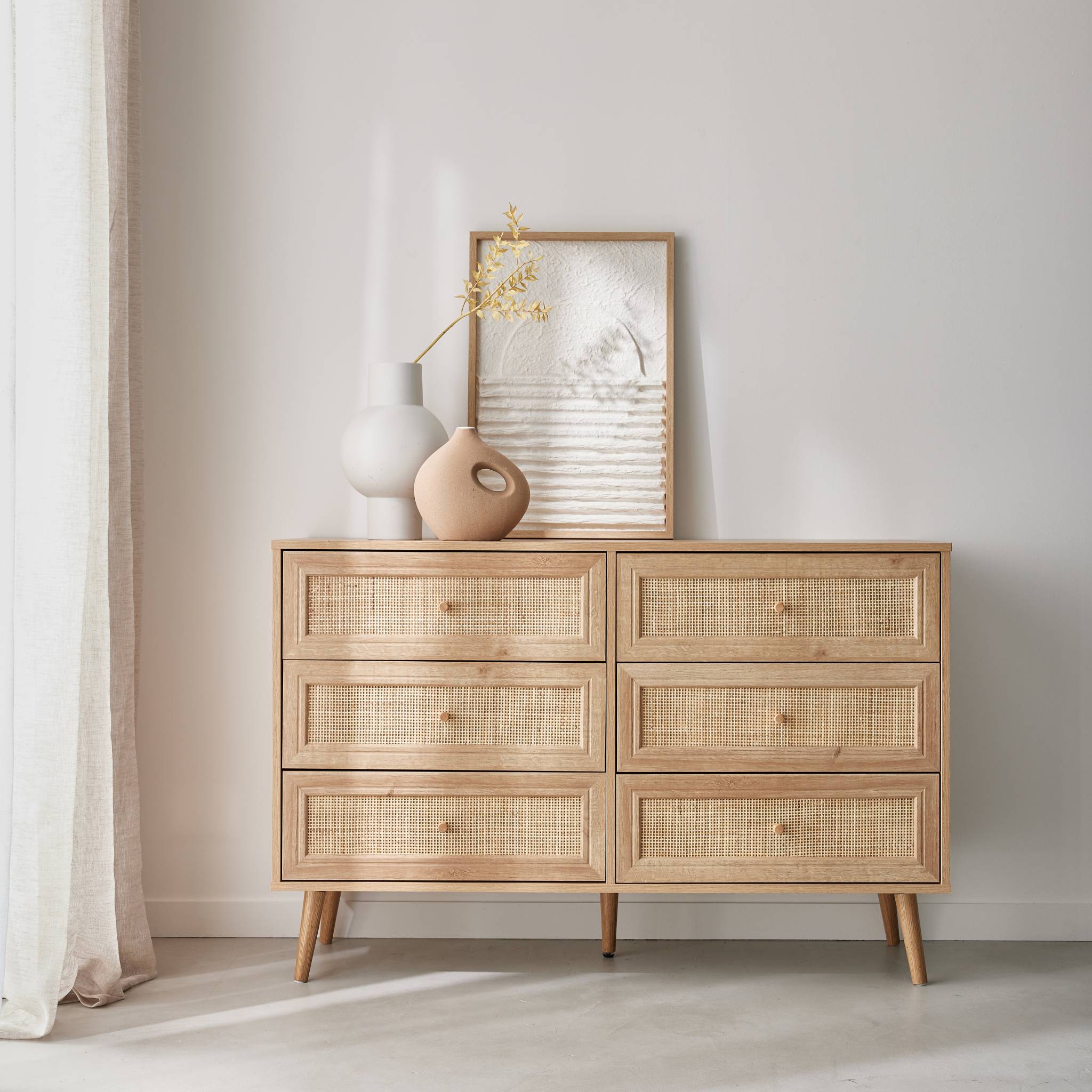 Commode décor bois et cannage 6 tiroirs Bohème. couleur naturelle - 120x39x79cm BOHÈME - 2