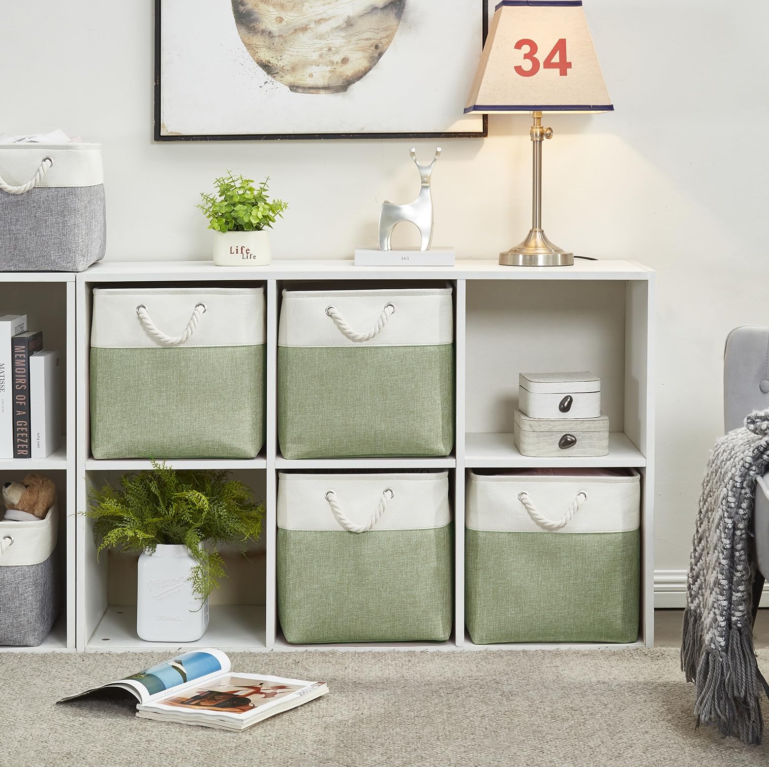 Lot de 3 cubes de rangement en tissu pour chambre d'enfant, placard, jouets, 28 x 28 x 28 cm (vert/blanc) - 2