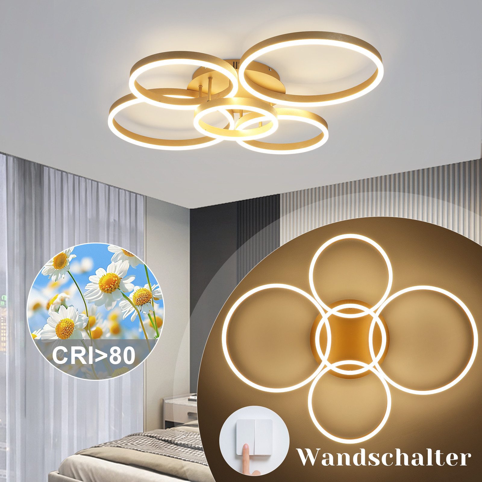 NETTLIFE Lámpara de techo LED para sala de estar, regulable, 78 W, 3000-6500 K, 5 anillos de acrílico moderno dorado con control remoto - 3
