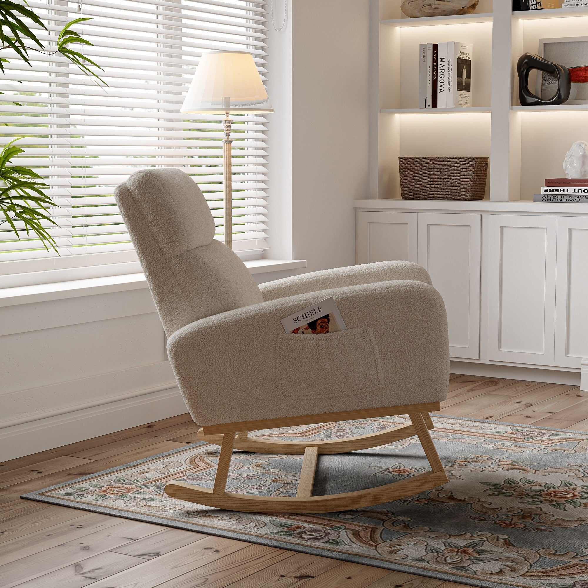 Fauteuil à Bascule - 87x79x69cm - avec Poches Latérales et Bois Massif - Confort Ergonomique - en Polaire Teddy Beige - 4