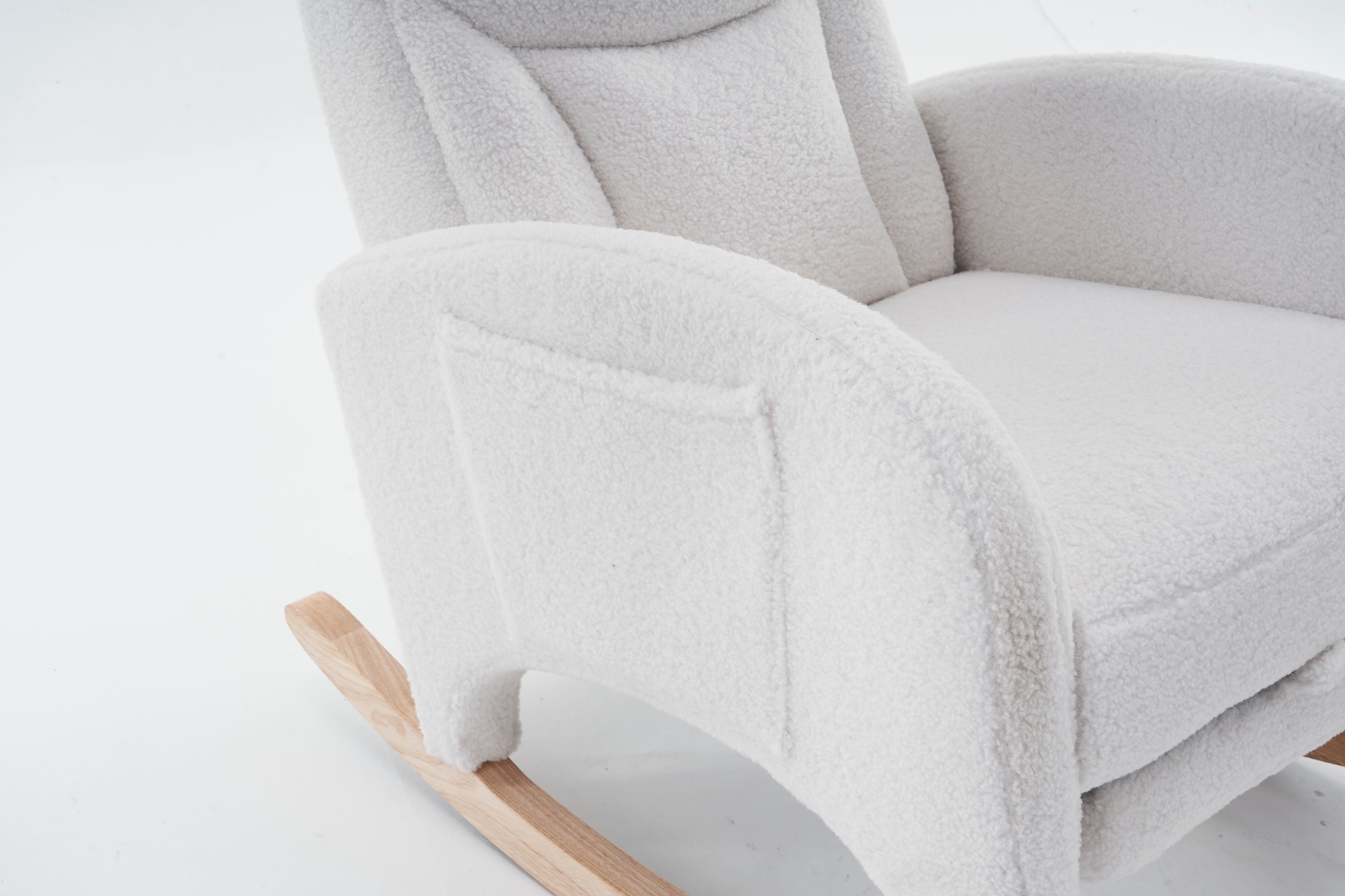 Cadeira de balanço poltrona amamentação 99x96x66 cm, apoio pés dobrável, pés madeira, tecido Teddy Branco - 5
