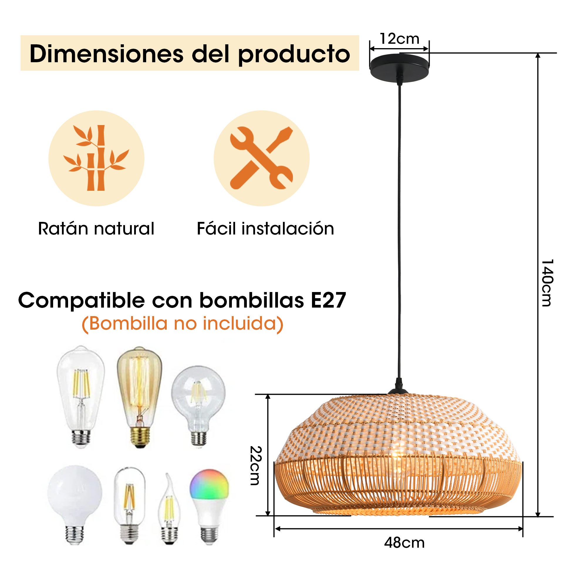 Parrot Uncle lámpara colgante de ratán y bambú Ø48 cm, estilo boho, altura regulable, E27, para salón y dormitorio (sin bombilla) - 9