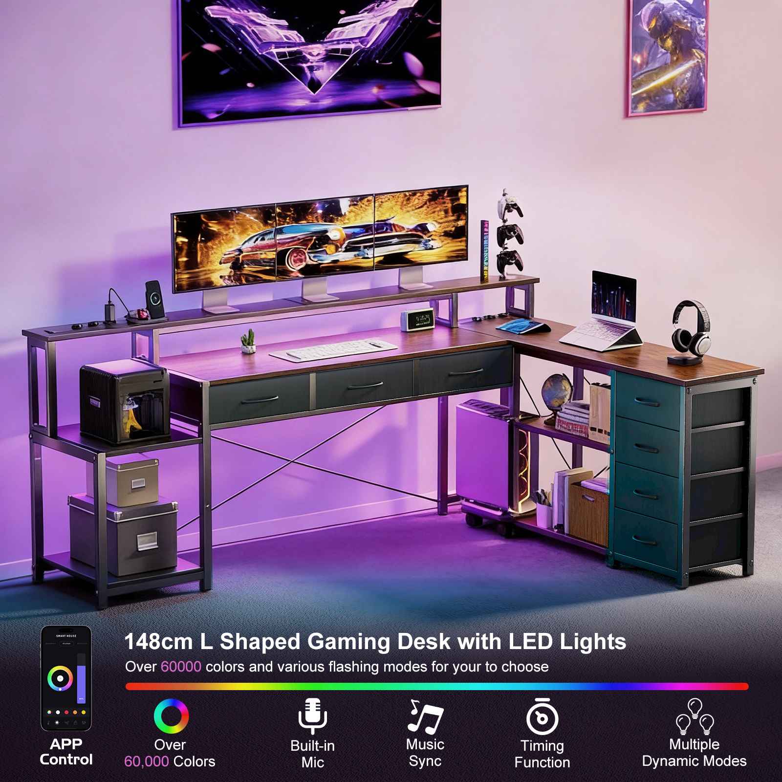 Bureau Gaming L-Shape 148cm avec LED, 3 Prises AC, 2 Ports USB, Tiroirs et Rangement - 8