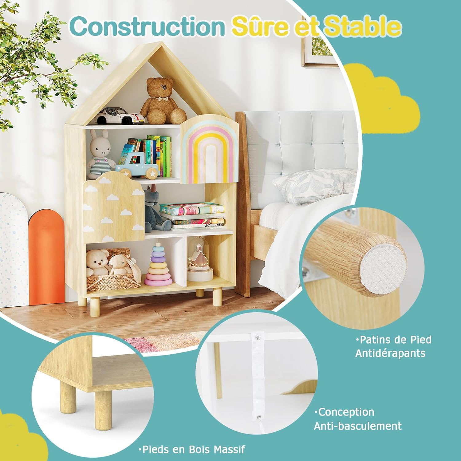 Bibliothèque pour Enfants, Étagère en Forme de Maison avec 2 Portes, Système Anti-basculement & Pieds en Bois Massif, pour Chambre d'Enfants, Naturel - 5