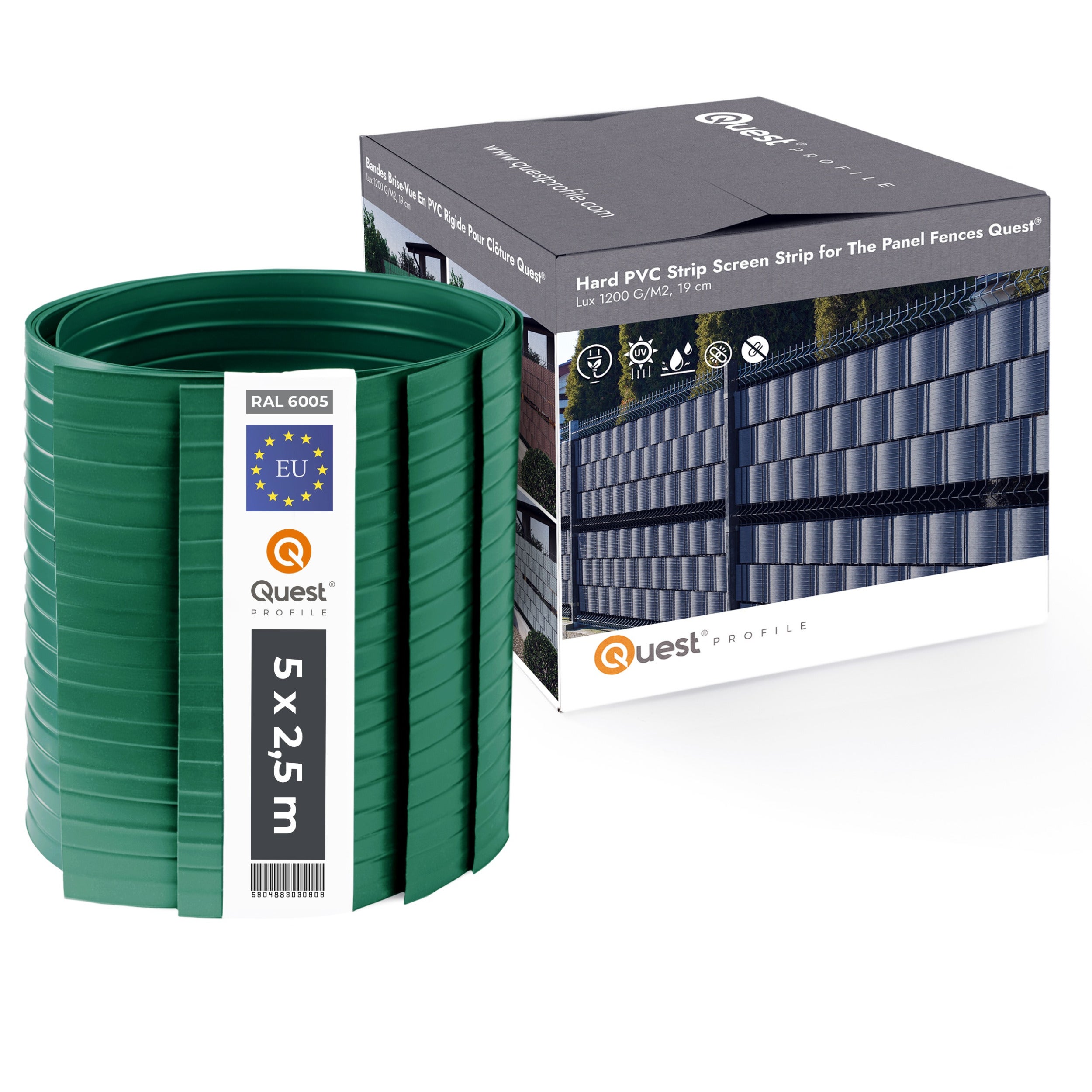 QUEST Taśma ogrodzeniowa PCV 19cm, listwa do ogrodzeń panelowych premium, 900 g/m2, RAL6005, zielony, 5 x 2,525 m