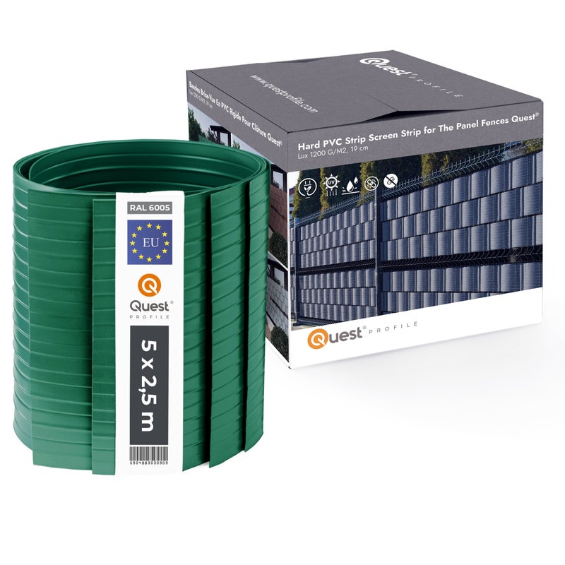 QUEST Taśma ogrodzeniowa PCV 19cm, listwa do ogrodzeń panelowych premium, 900 g/m2, RAL6005, zielony, 5 x 2,525 m