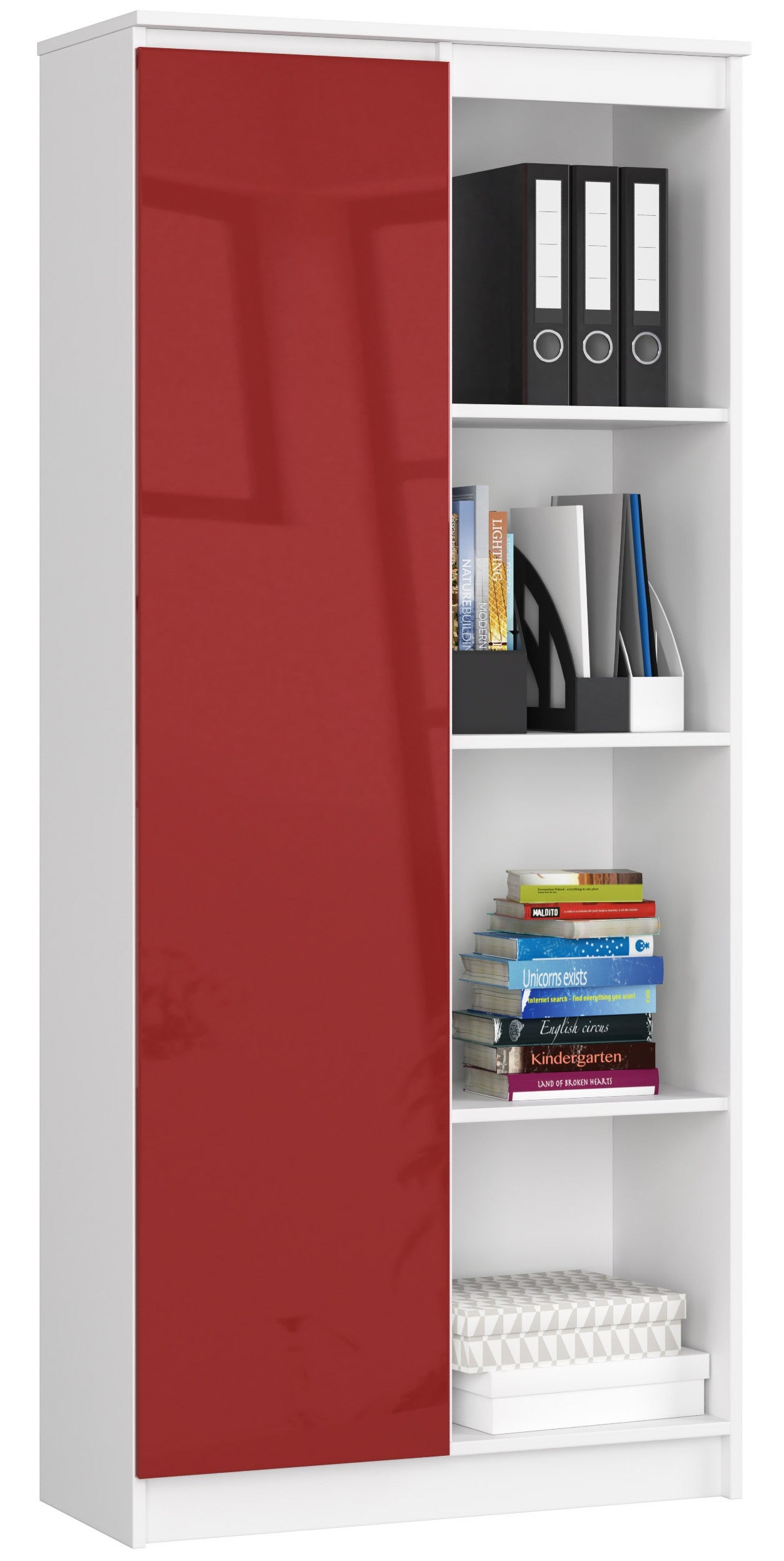 Regał AKORD R80 Biały 80 cm 1 drzwi kolor Czerwony Połysk 8 półek 80x35x180 cm