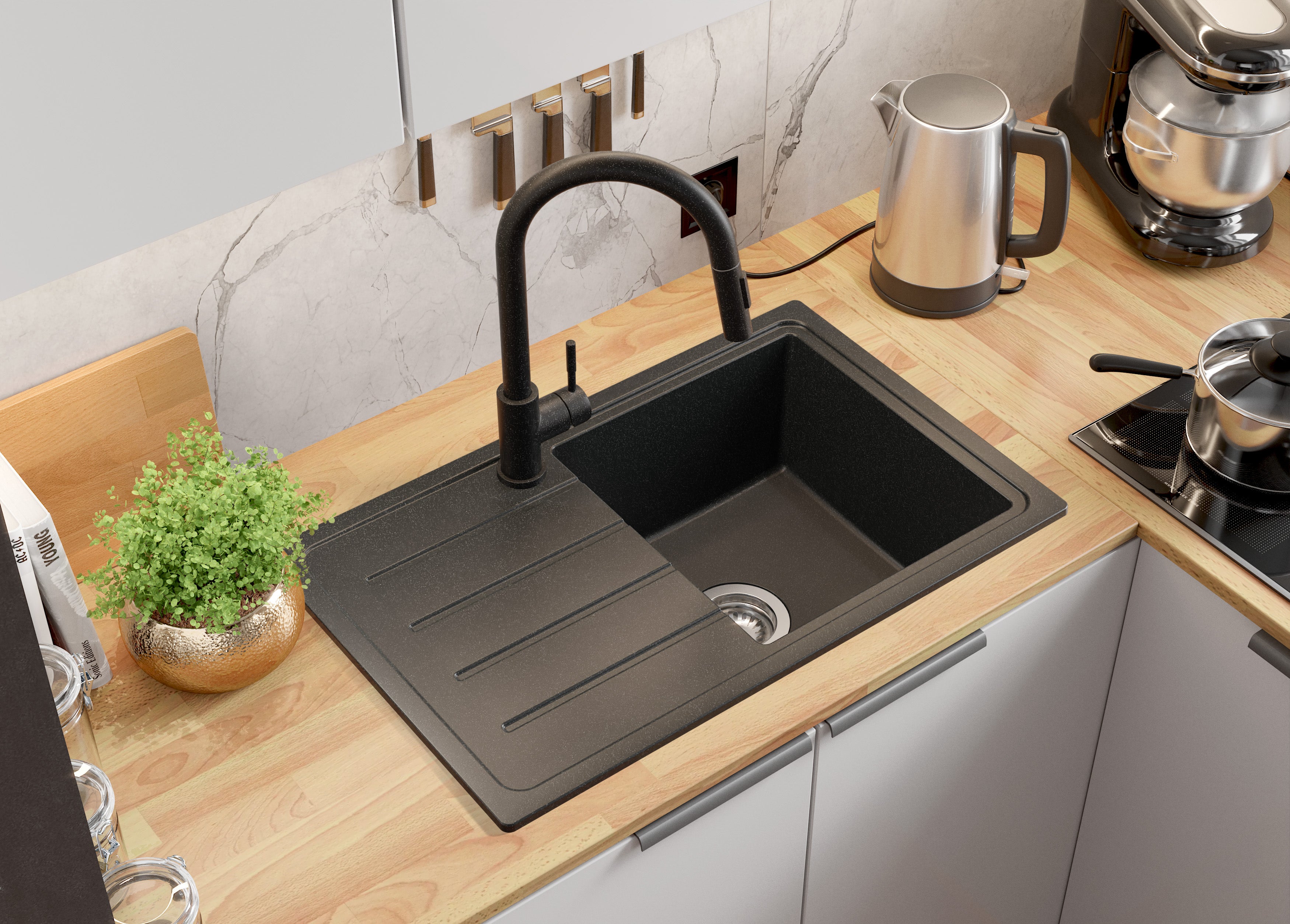 Evier Cuisine en Granit Graphite 70x44cm, Lavabo 1 bac + Kit de Vidage, Évier à Encastrer au meuble 45cm - Copenhague Easy PRIMAGRAN - 2