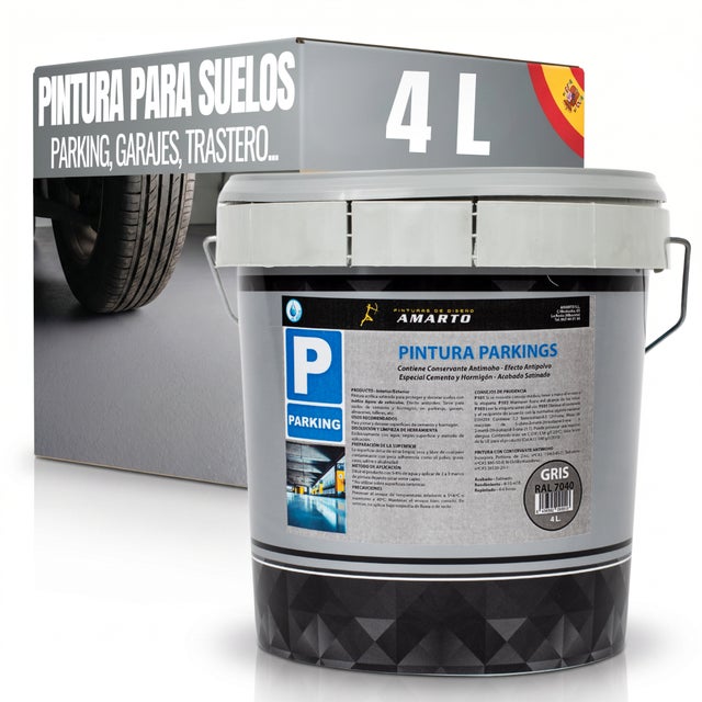 [Gris 4L] Pintura Acrílica para Parkings Gris Satinada – Tráfico Ligero, Antipolvo, Suelos de Cemento y Hormigón