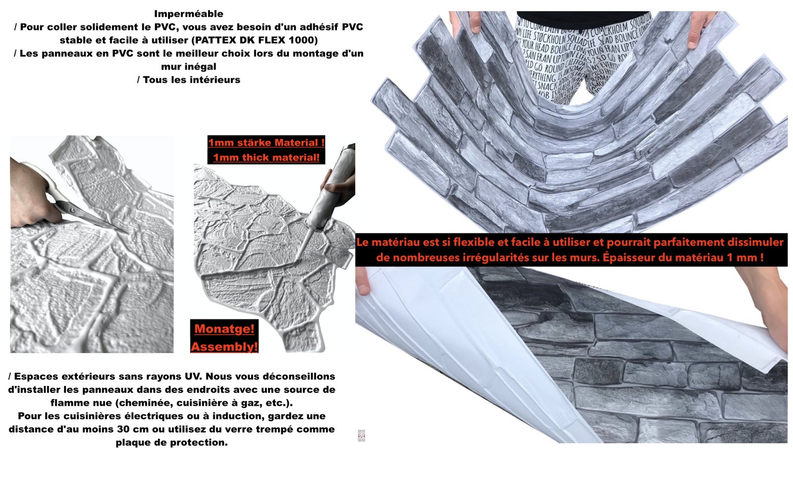 4 m²/10 pièce 3D PVC IMITATION TUILES panneaux muraux revêtement mural DECOR PVC bardage carreaux imitation Grey Ston épaisseur 1mm ! - 4