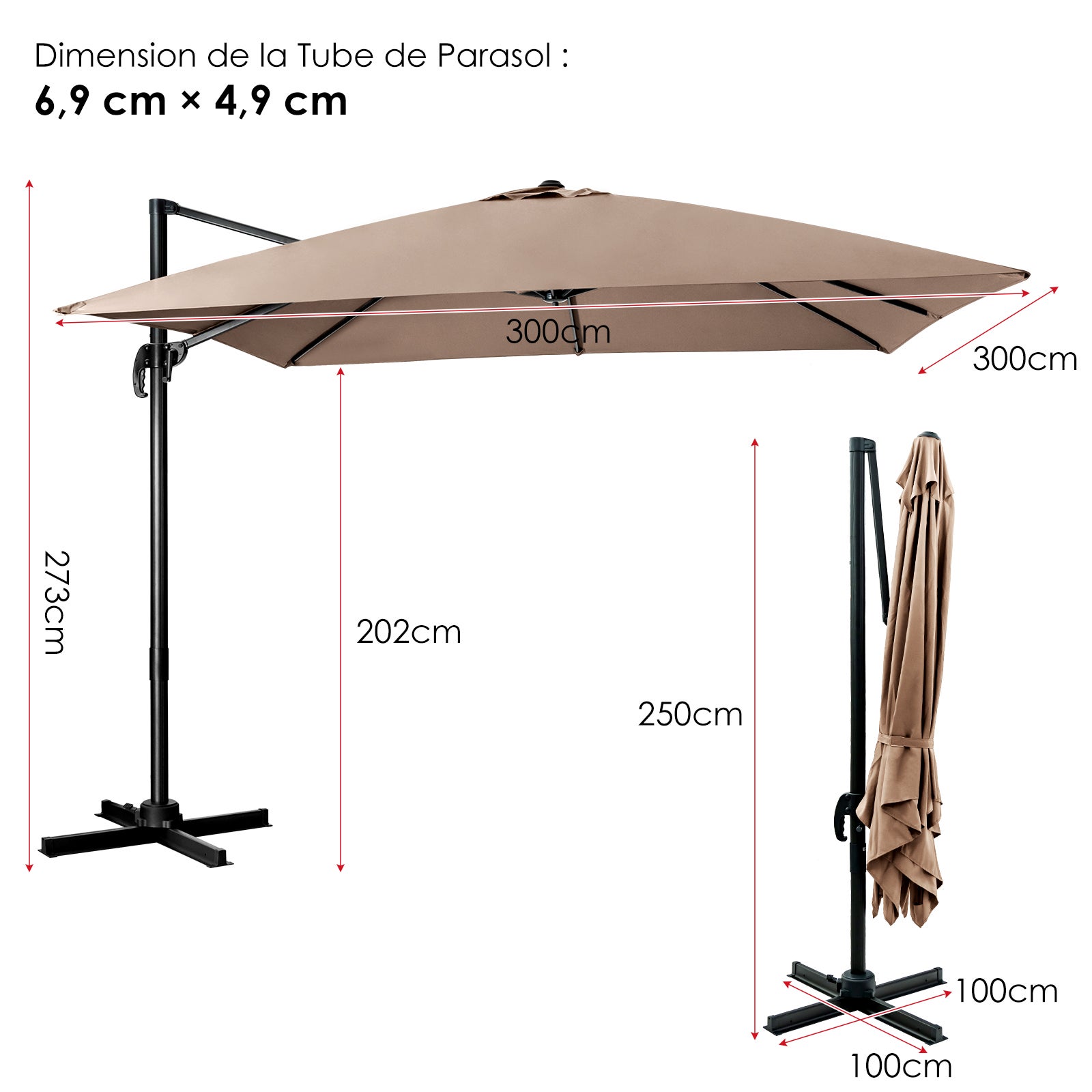 Guarda-chuva inclinável de 3x3M, guarda-chuva de jardim exterior dobrável, proteção UV de base cruzada rotativa de 360°, café - 3