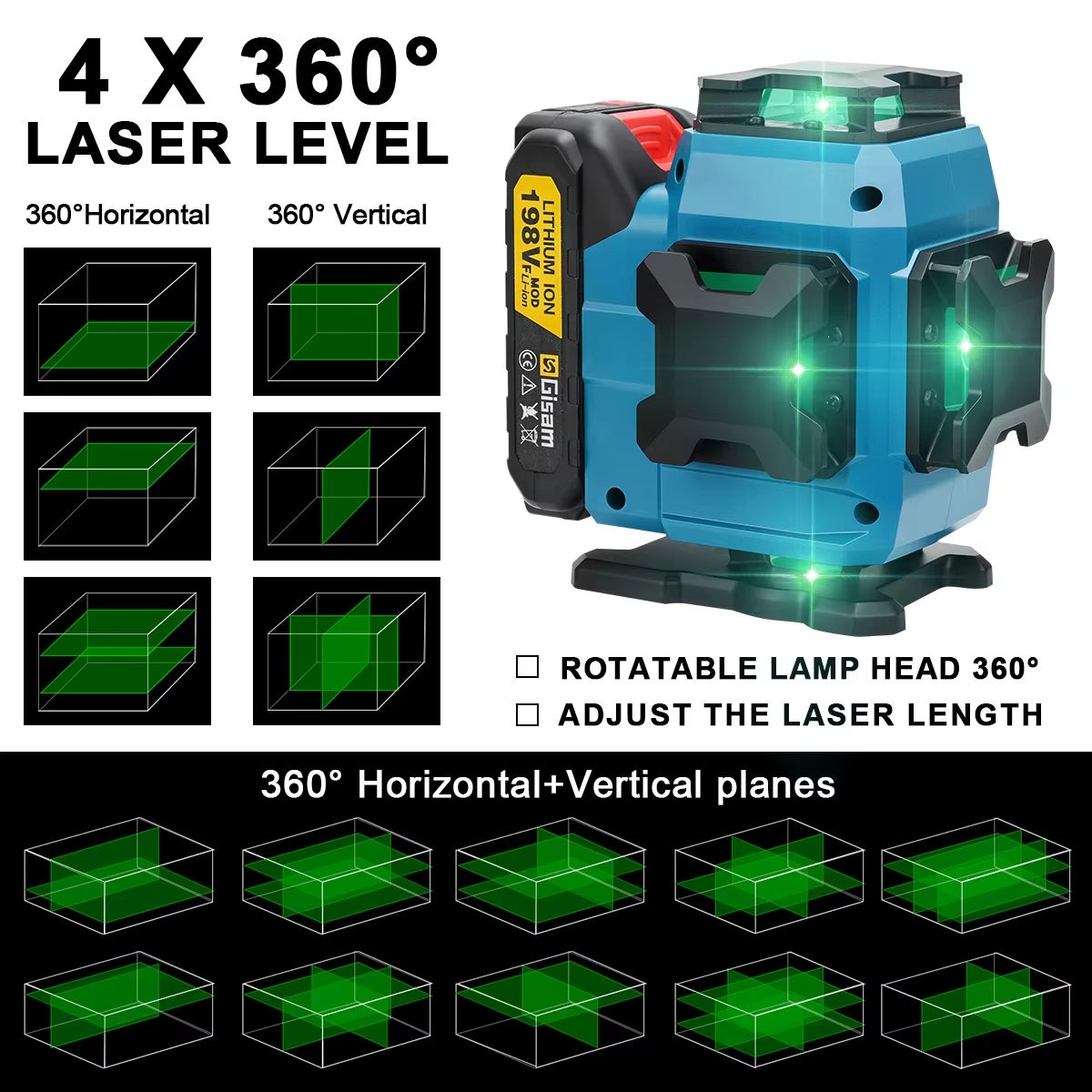 OBOSOE Livella laser 4D a 16 linee, laser professionale a 360° verticale e orizzontale, compatibile con batterie Makita da 18 V (2 batterie). - 4