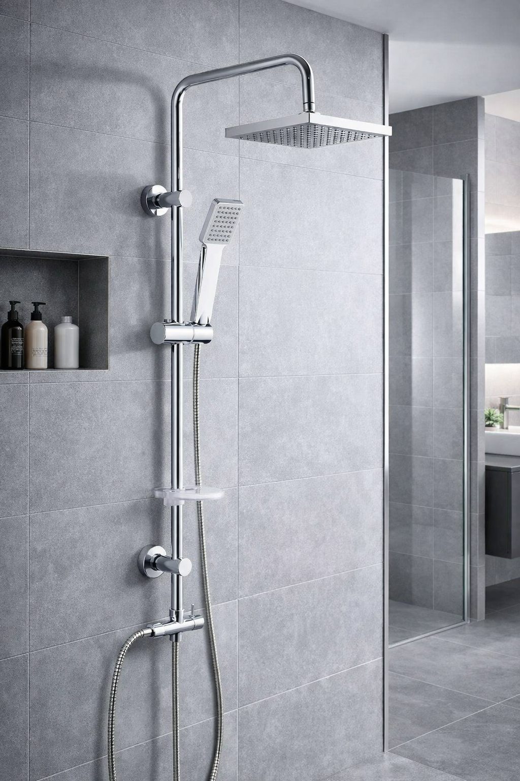 Colonne de douche sans mitigeur de couleur chrome, modèle carré Damast Nature 18186 - Chromé - 2