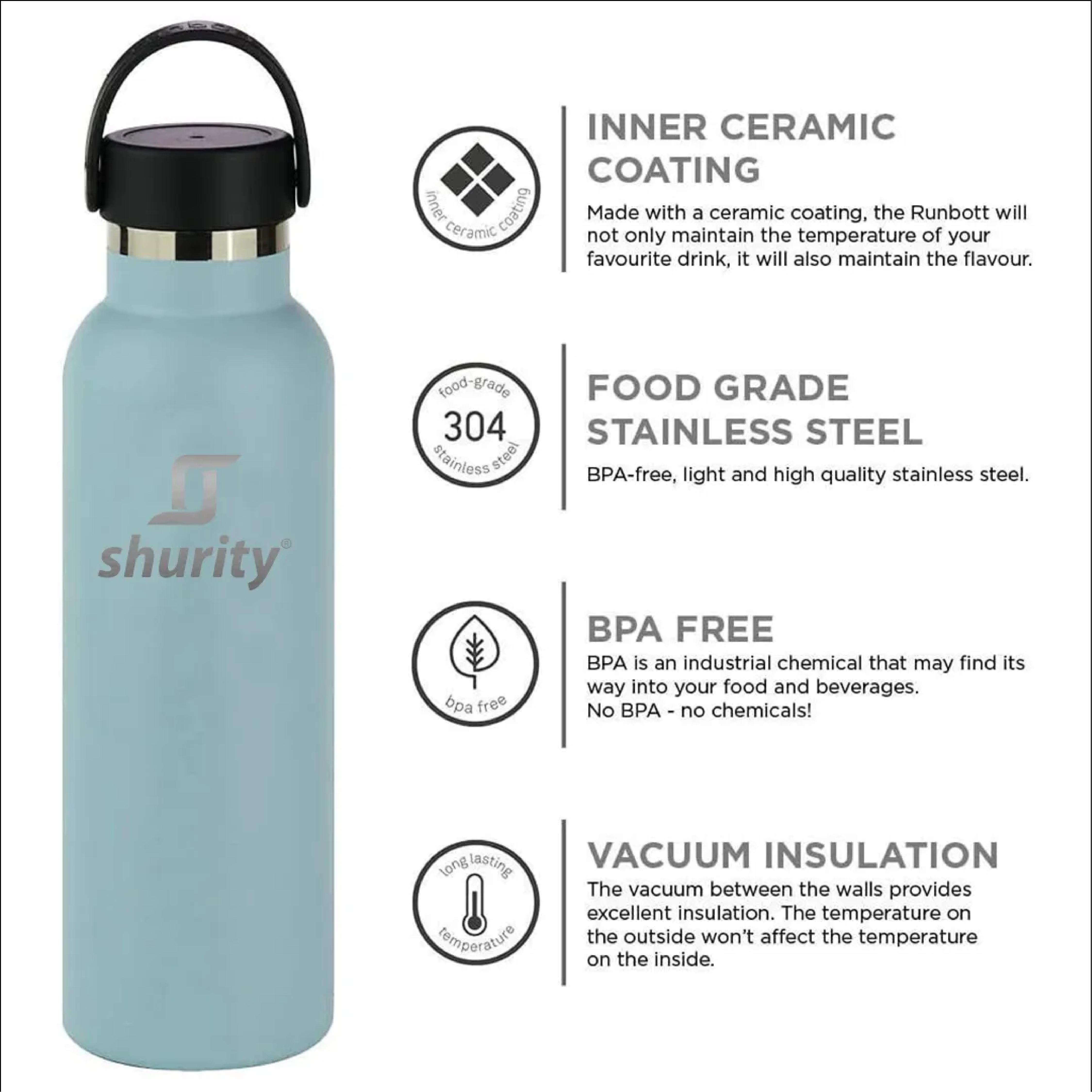 Borraccia Termica Acciaio inox Shurity Runbott Sport con rivestimento in ceramica 600ml. Azzurro - 5