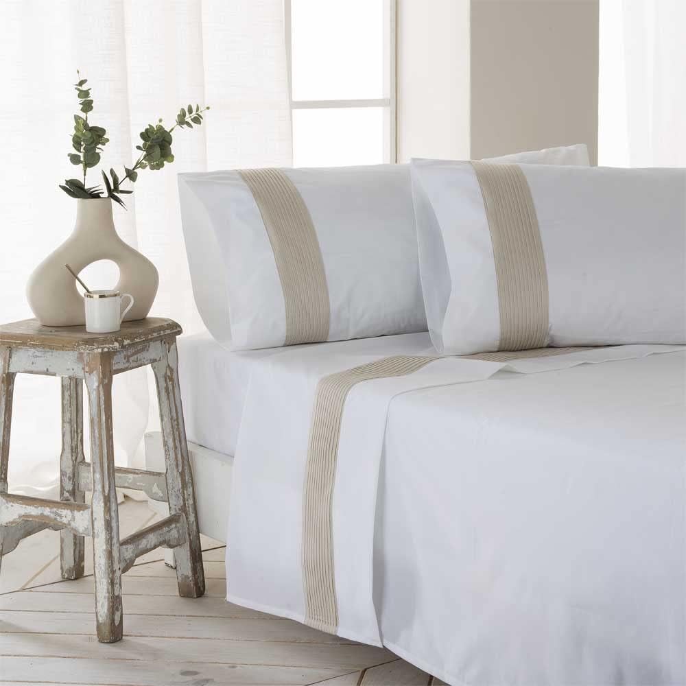 Cotton artean - juego de sabanas gorbea beige percal algodón blanco 180x260 cama de 105
