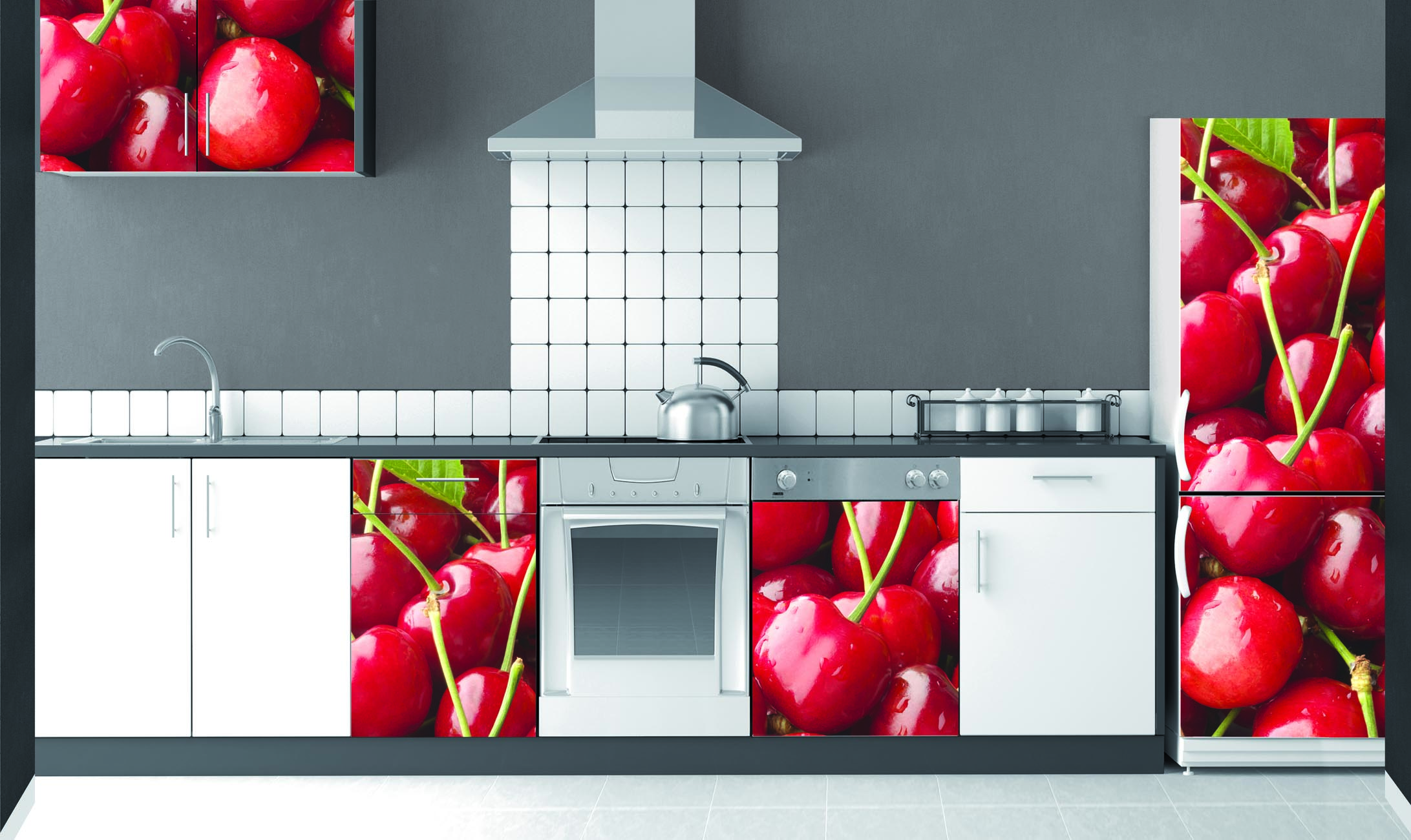 Pegatina decorativa del refrigerador, xxl giant fresh cherries, 3d trompe l'oeil garanted effect, 59.5 cm x 180 cm