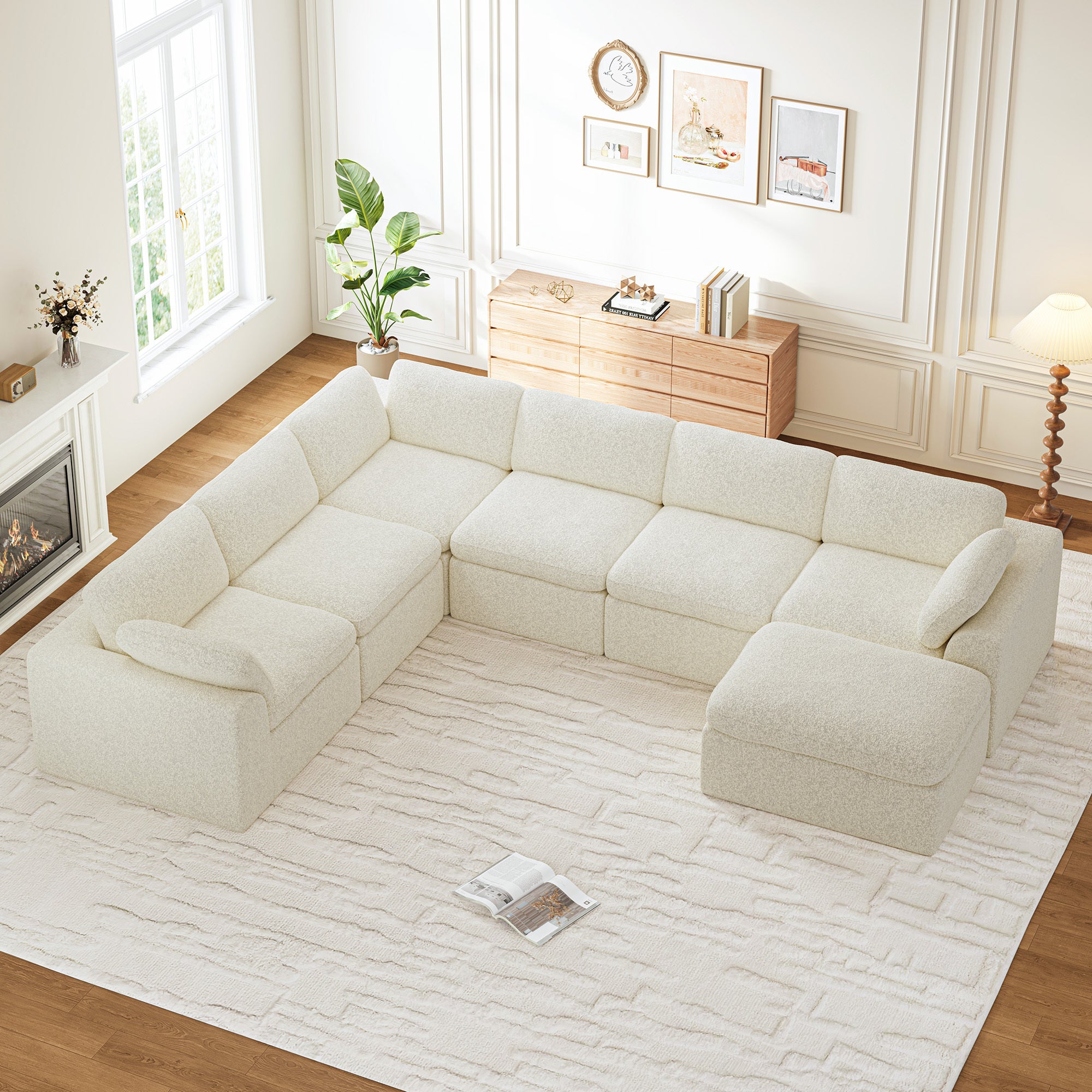 Canapé d'angle Panoramique Modulaire 7 Places en Chenille pour Salon/Bureau,Repose-pieds Amovible ,Beige - 3