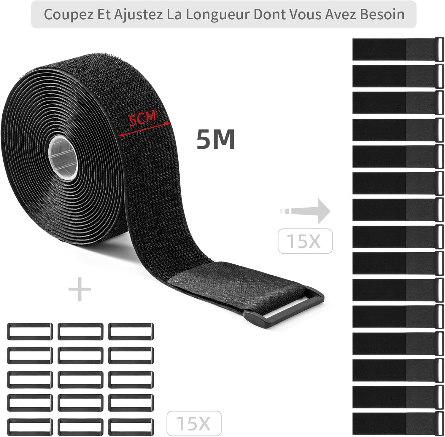 Sangle De Câble Réglable 5m X 5cm - 10 Boucles - Nylon - Pour Rangement Câbles, Jardinage, Atelier