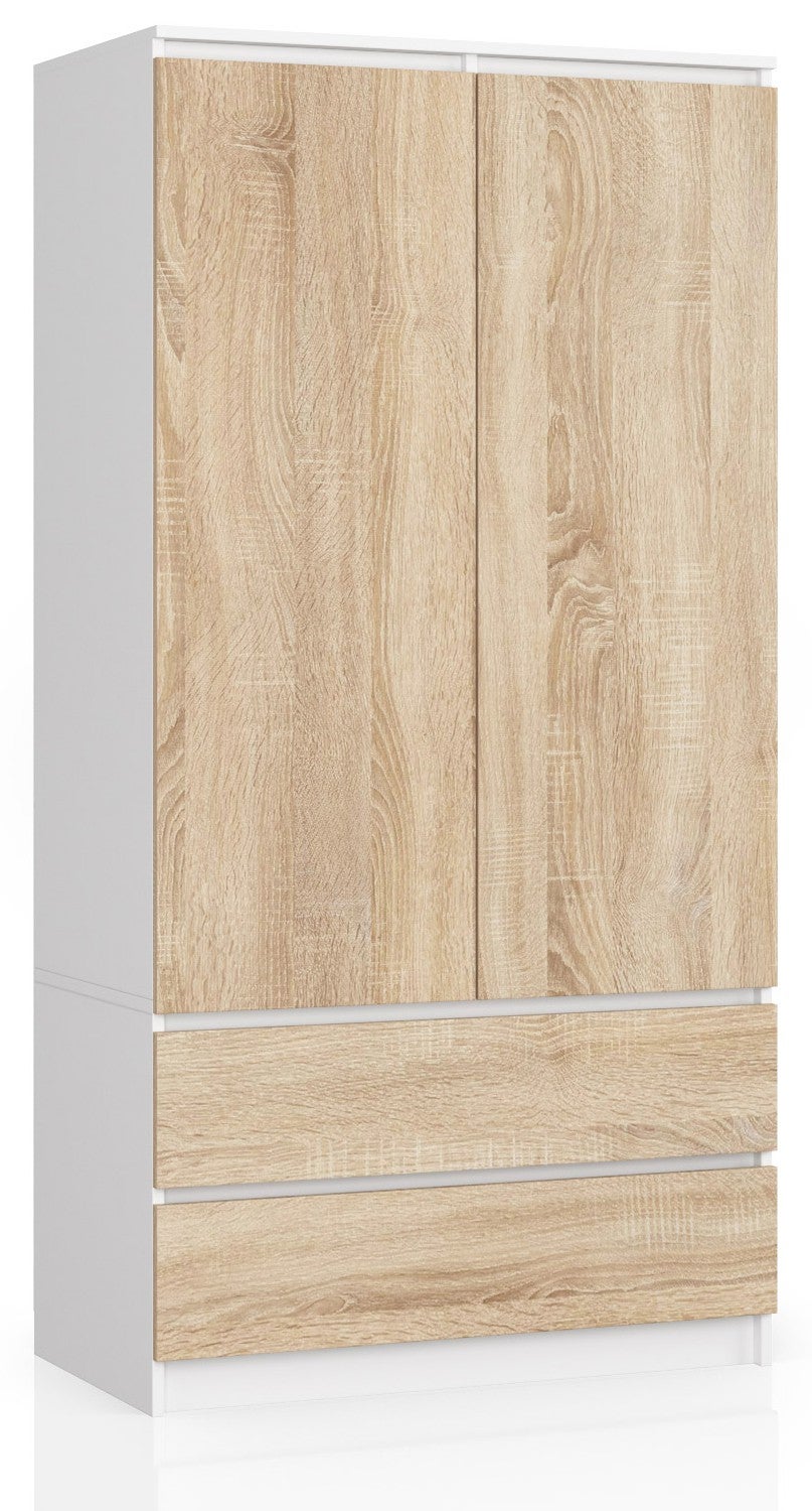 Szafa AKORD S90 Biała 90 cm 2 drzwi 2 szuflady kolor Dąb Sonoma mat 4 półki 90x51x180 cm